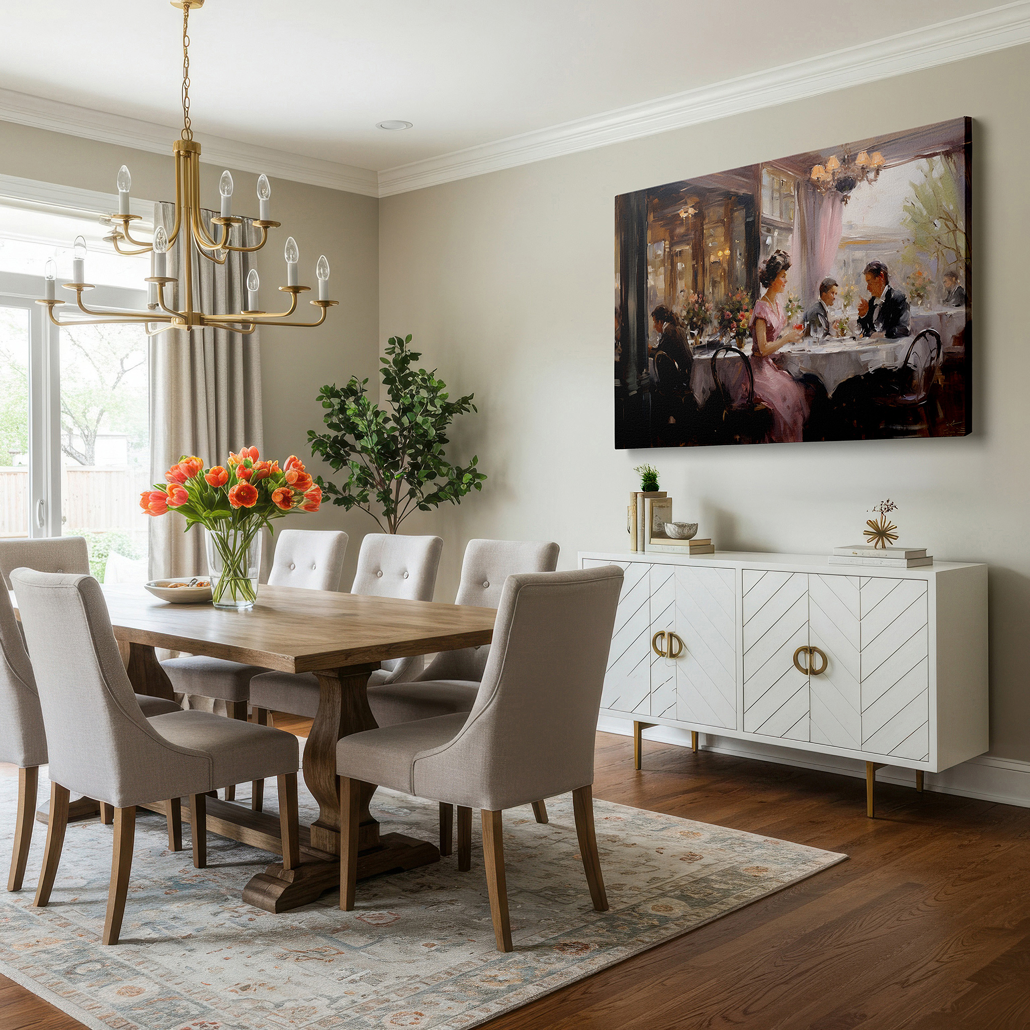 Perfectly sized at 45×30 cm for accenting shelves or narrow walls — refined dining atmosphere illustrated in lively restaurant setting with detailed artistry and cozy ambiance - large wall art, canvas wall art