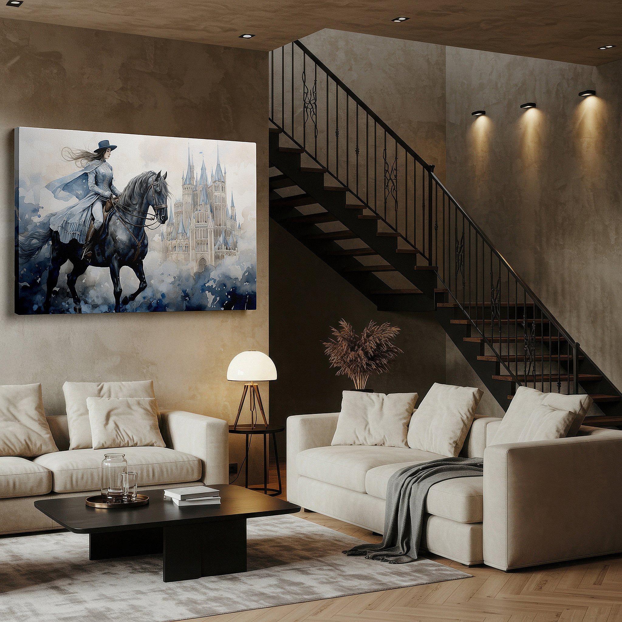 Perfectly sized at 45×30 cm for accenting shelves or narrow walls — regal ride and misty castle large wall art, canvas decor for office and bedroom