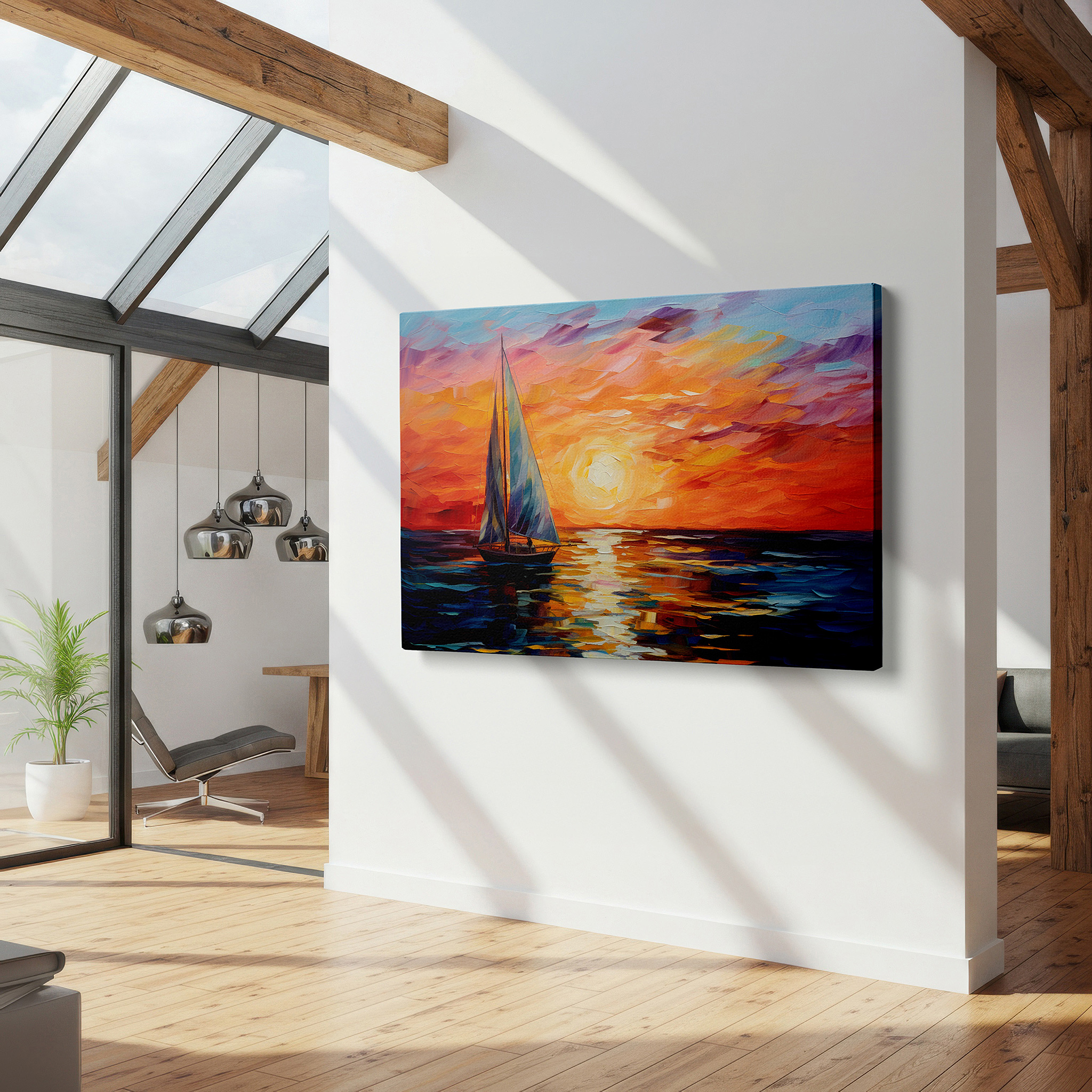 Perfectly sized at 45×30 cm for accenting shelves or narrow walls — sailboat gliding across shimmering waters under a mesmerizing sunset - large canvas wall art for office and bedroom decor