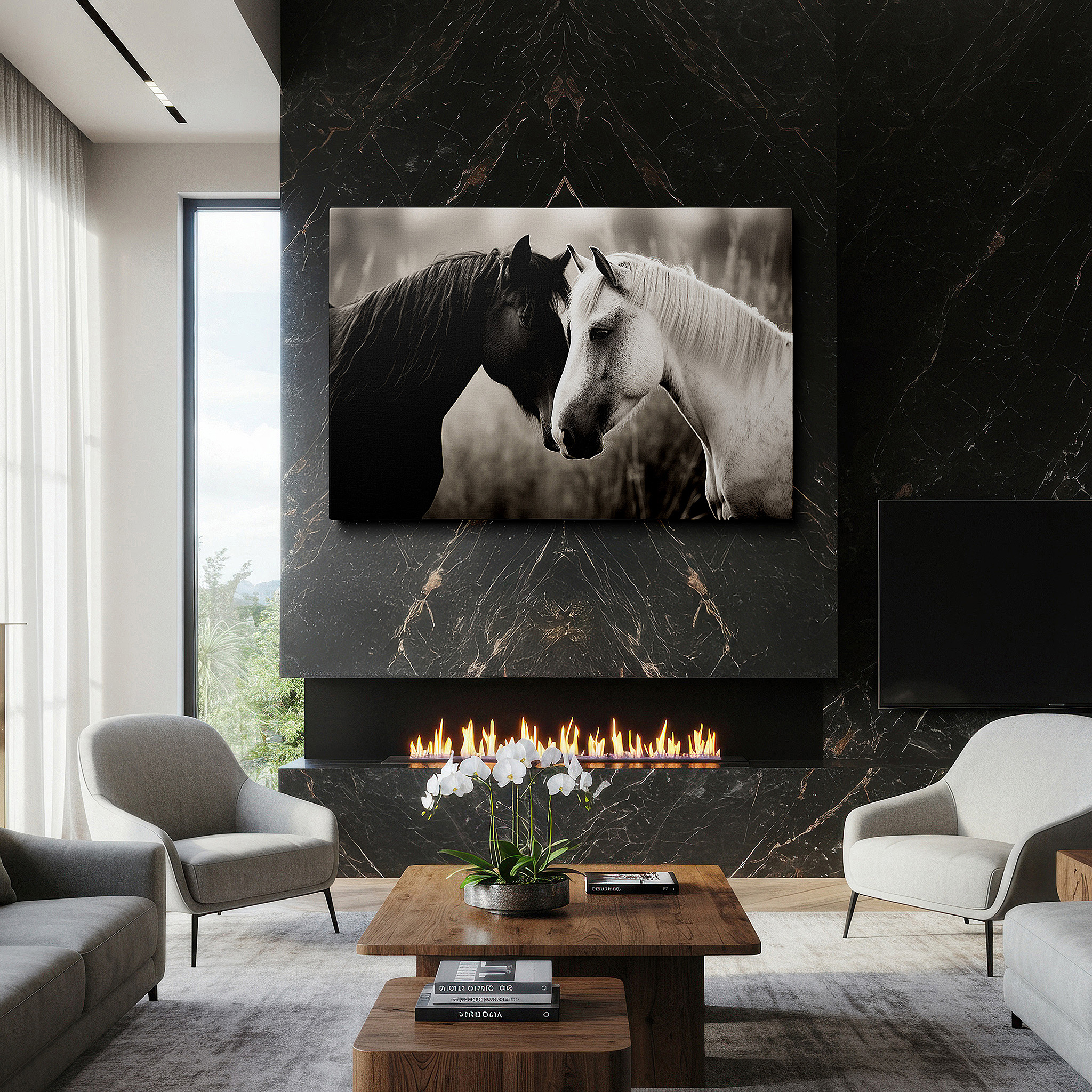 Perfectly sized at 45×30 cm for accenting shelves or narrow walls — serene embrace: two horses symbolizing friendship and peace - large canvas wall art for home and office decor