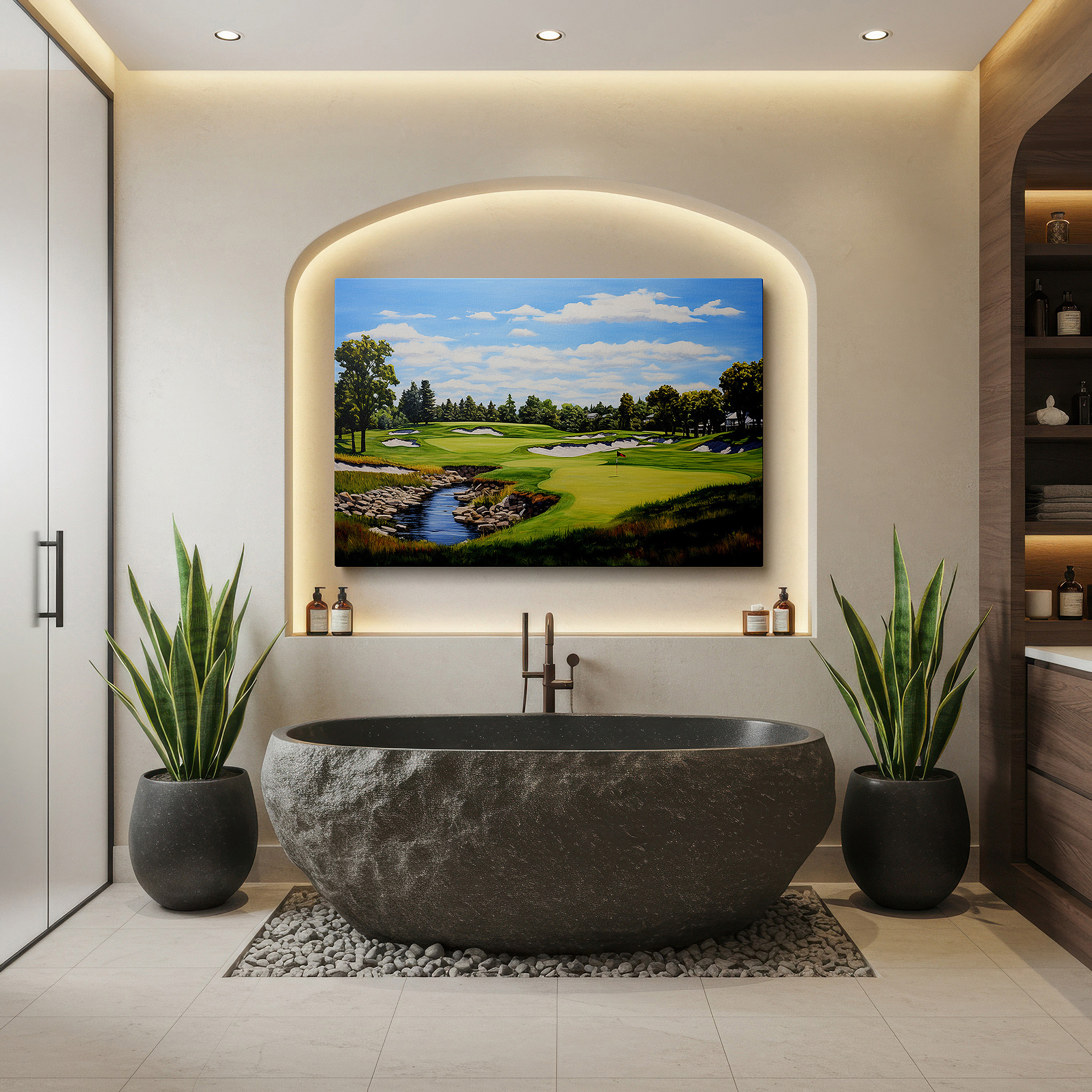 Perfectly sized at 45×30 cm for accenting shelves or narrow walls — serene golf course oasis wall art featuring lush greens and calm blue skies, perfect for office, bedroom, and living room decor