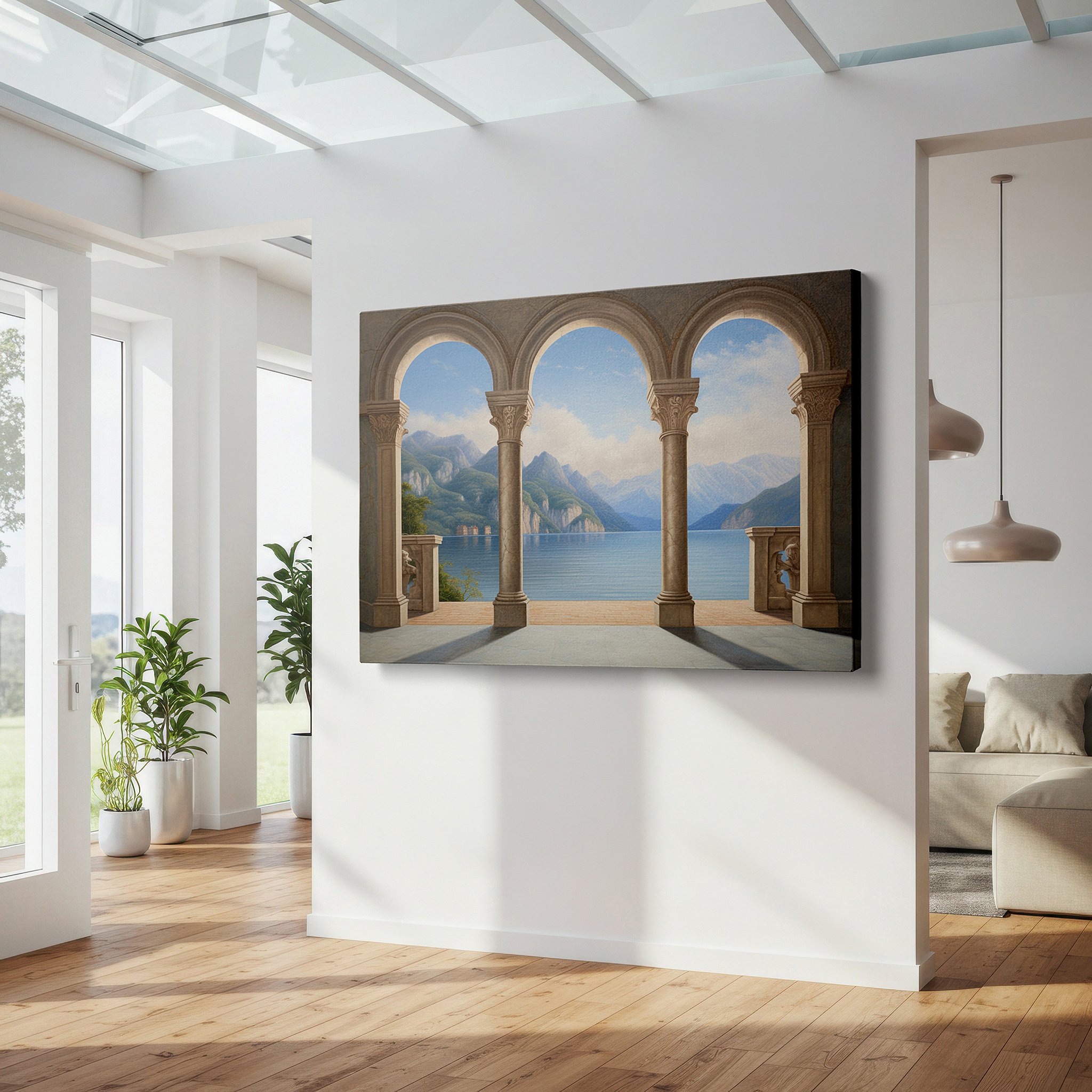 Perfectly sized at 45×30 cm for accenting shelves or narrow walls — serene mountain lake and lush valleys view through arched windows, tranquil landscape large wall art, canvas wall decor for office