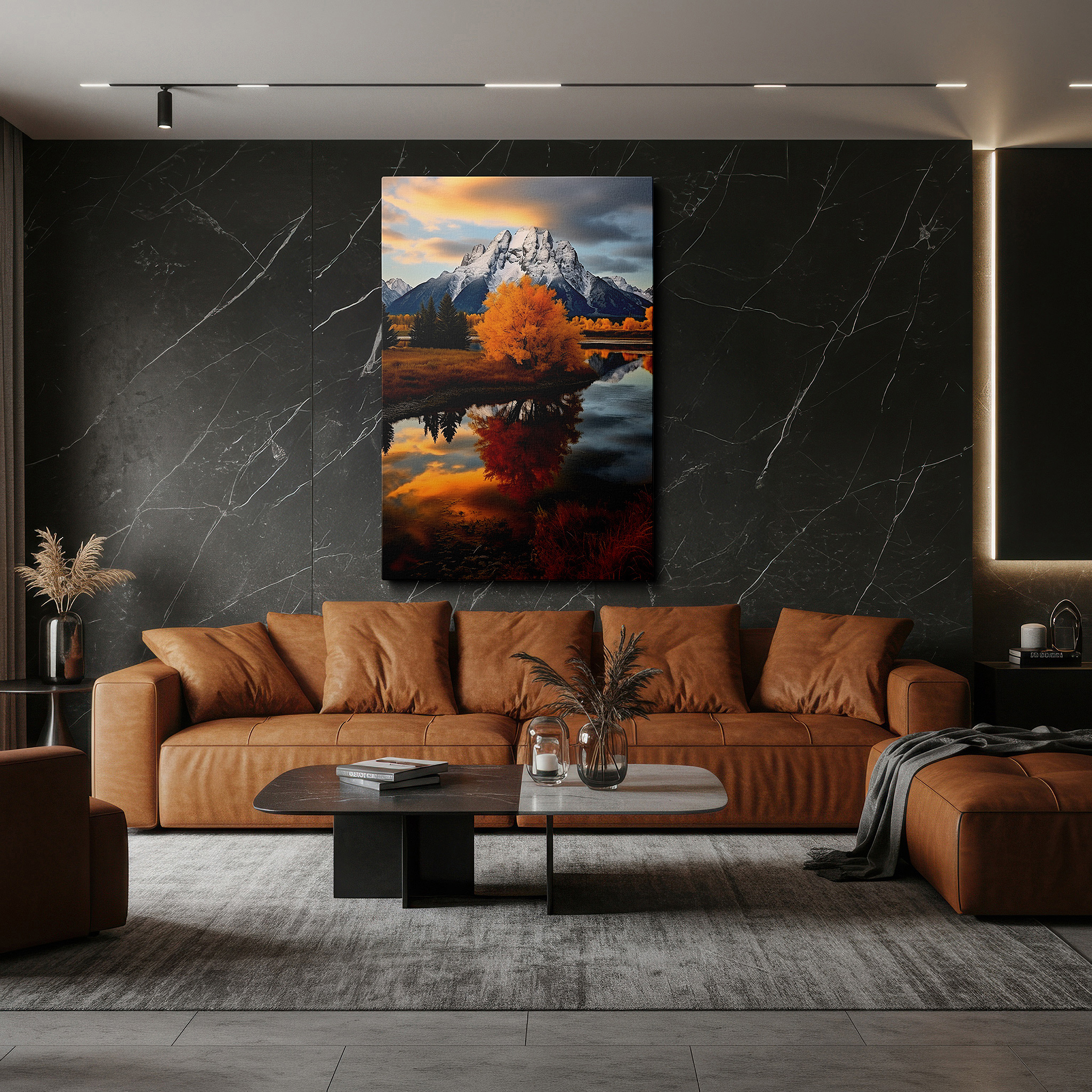 Perfectly sized at 45×30 cm for accenting shelves or narrow walls — serene mountain tops and fall forest reflections large wall art, canvas wall art, wall decor for office, bedroom, and living room