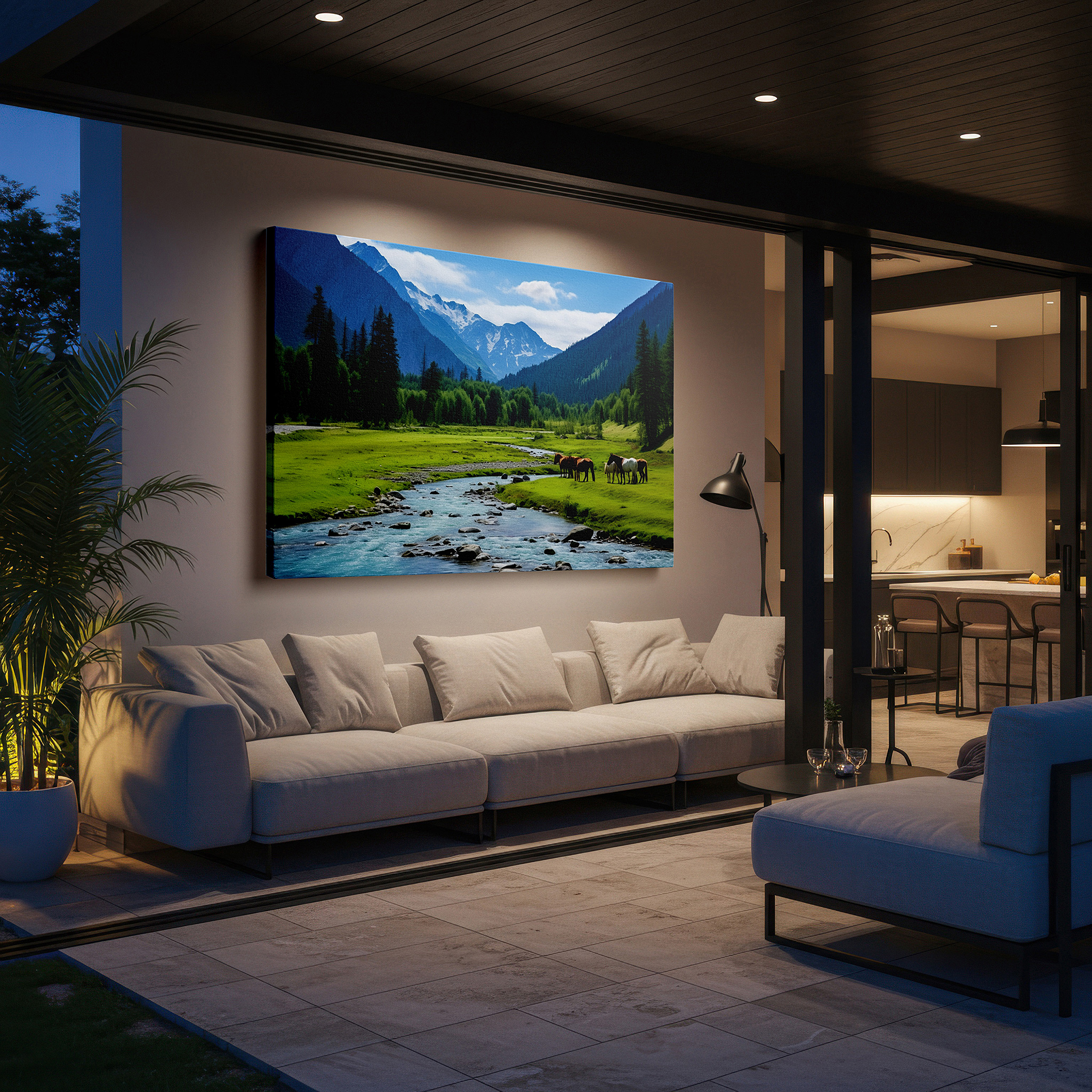Perfectly sized at 45×30 cm for accenting shelves or narrow walls — serene mountain valley and horses near glacial river - large canvas wall art for office, bedroom, and living room decor