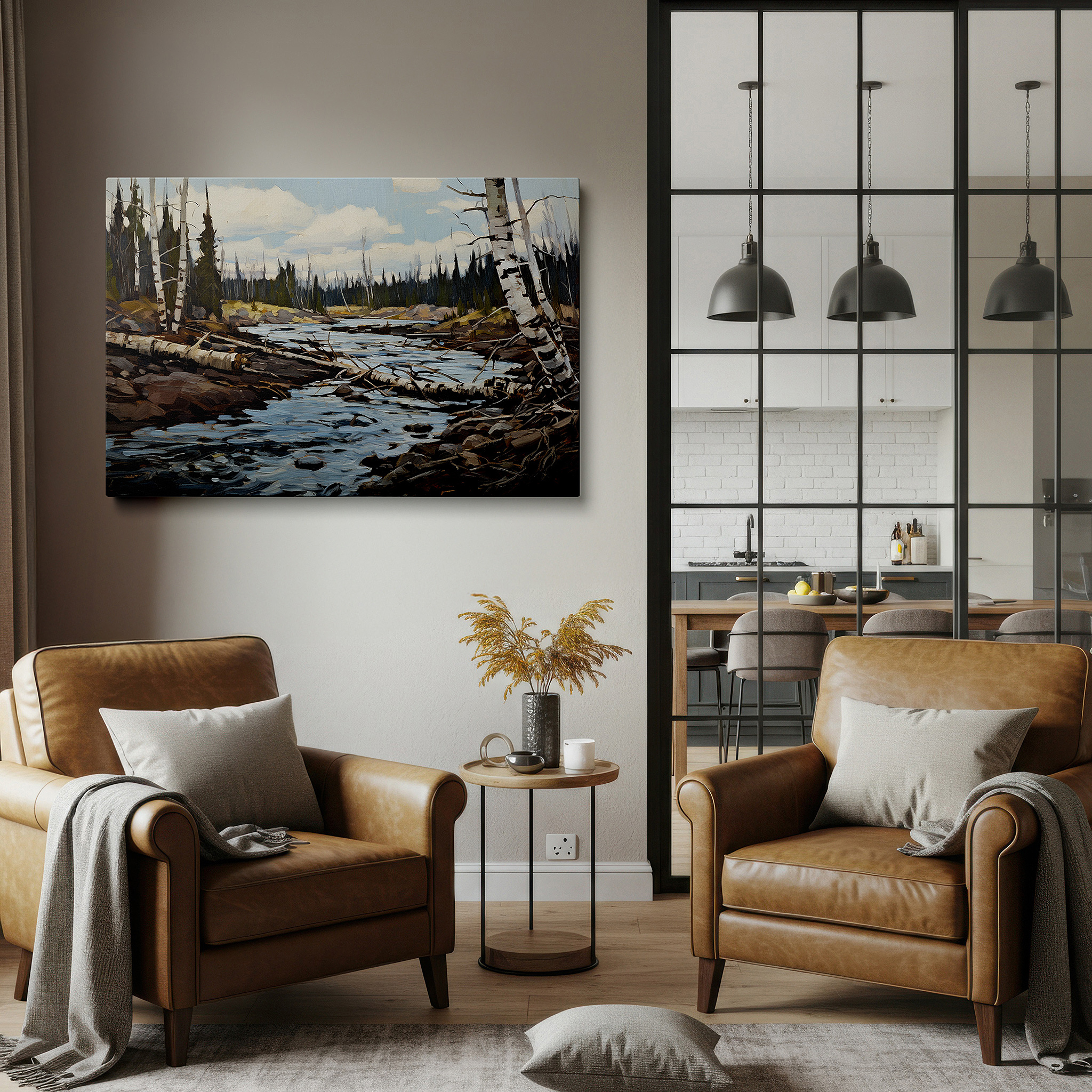 Perfectly sized at 45×30 cm for accenting shelves or narrow walls — serene river landscape: a tranquil reflection of nature's majesty - large canvas wall art for office and bedroom decor
