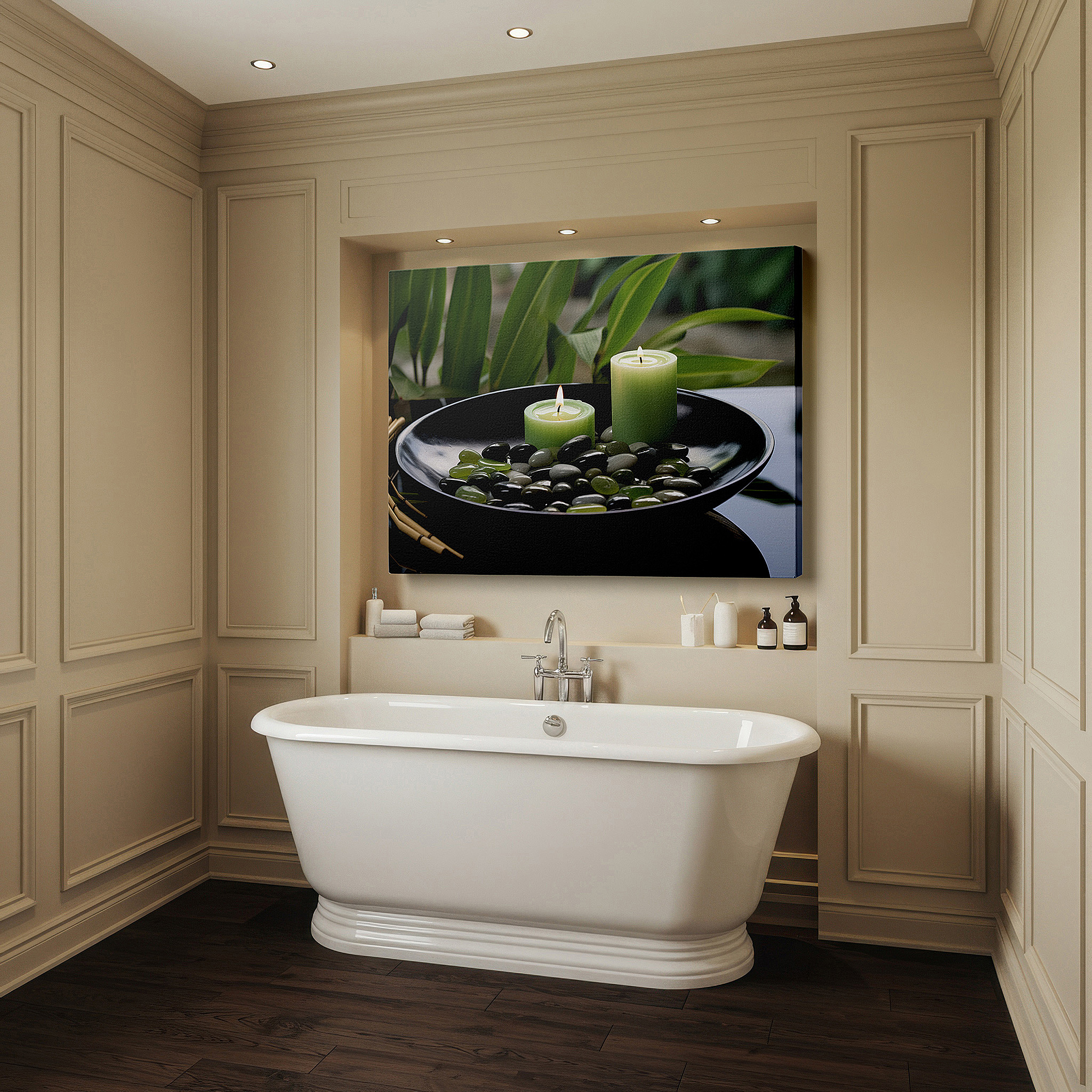 Perfectly sized at 45×30 cm for accenting shelves or narrow walls — serene stones and candles surrounded by lush greenery, tranquil still life wall art, large canvas decor for office and bedroom