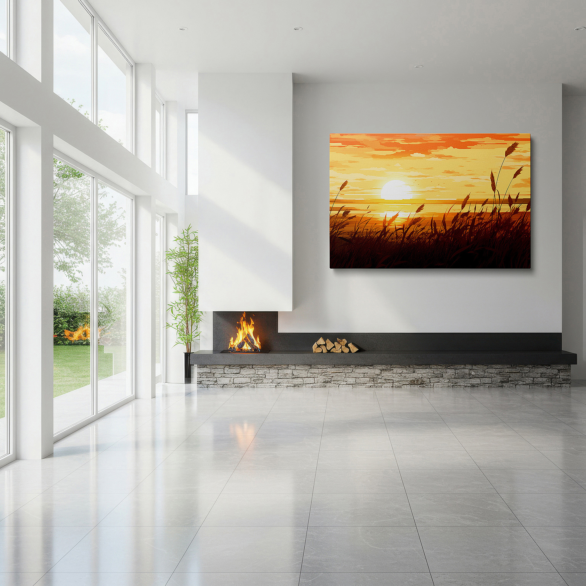 Perfectly sized at 45×30 cm for accenting shelves or narrow walls — serene sunset amidst tall grasses and tranquil waters: a stunning exhibition of natural splendor - large wall art, canvas wall art, wall decor for offices