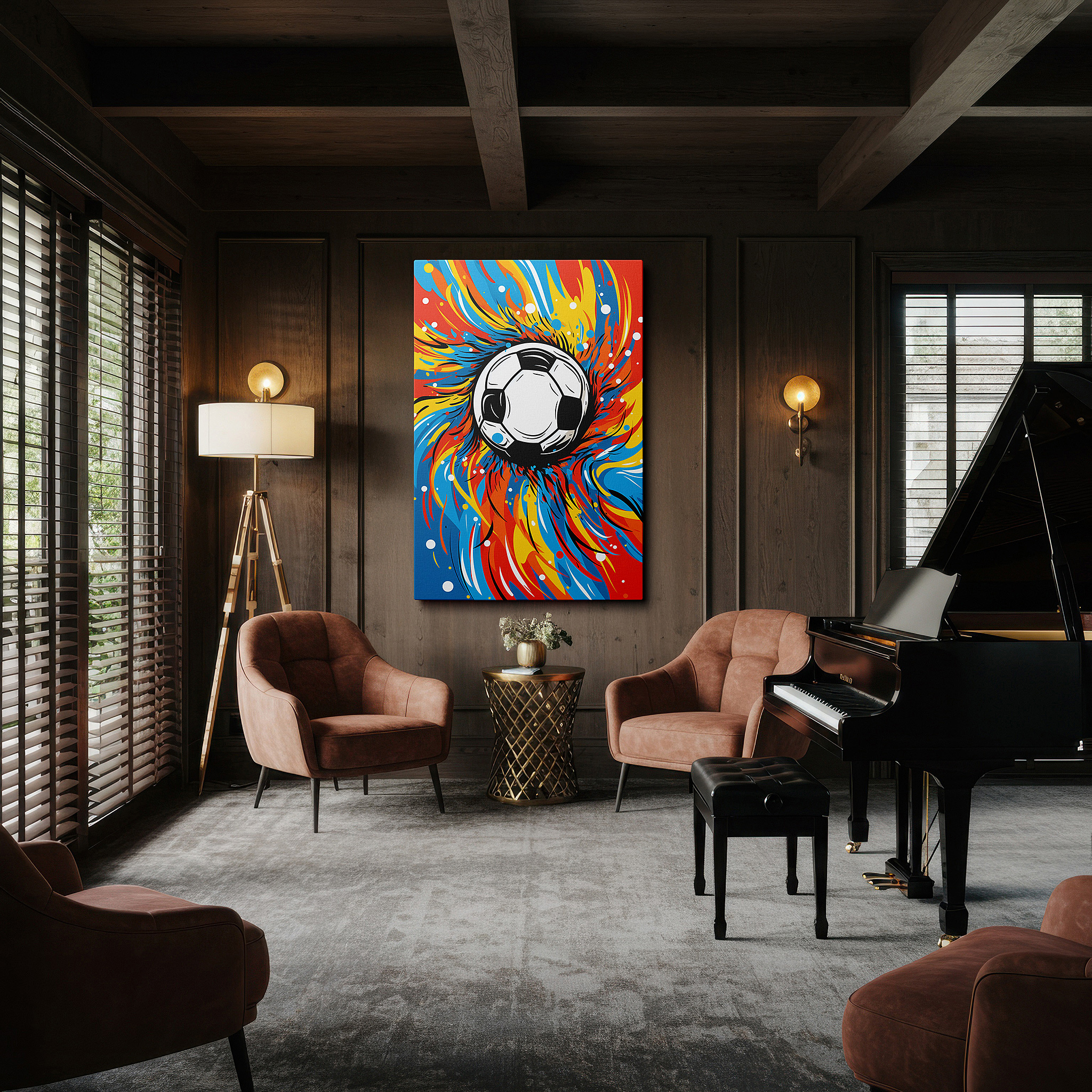 Perfectly sized at 45×30 cm for accenting shelves or narrow walls — soccer-themed wall art: featuring dynamic swirls and vivid colors, perfect for office, bedroom, and living spaces