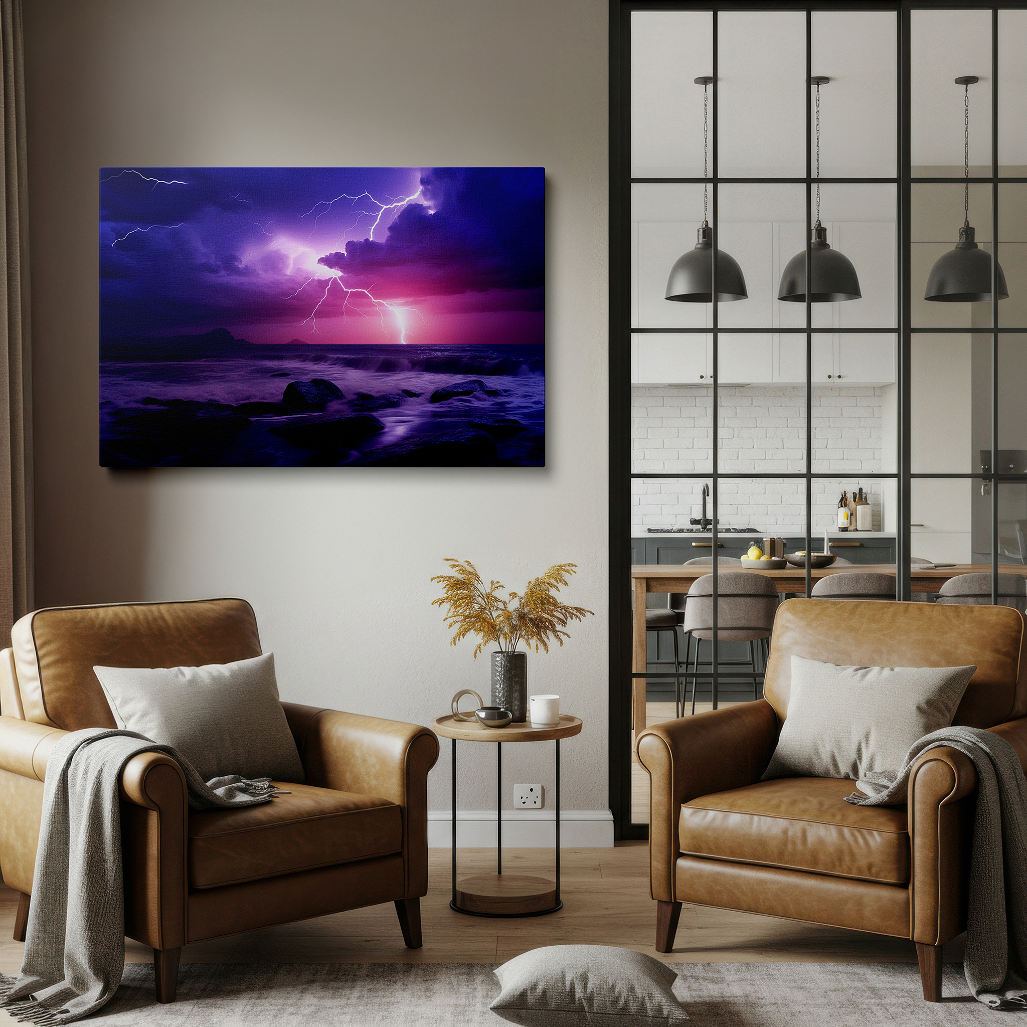 Perfectly sized at 45×30 cm for accenting shelves or narrow walls — stormy seascape canvas: lightning and turbulent ocean waters - large wall art for office, bedroom, and living room decor