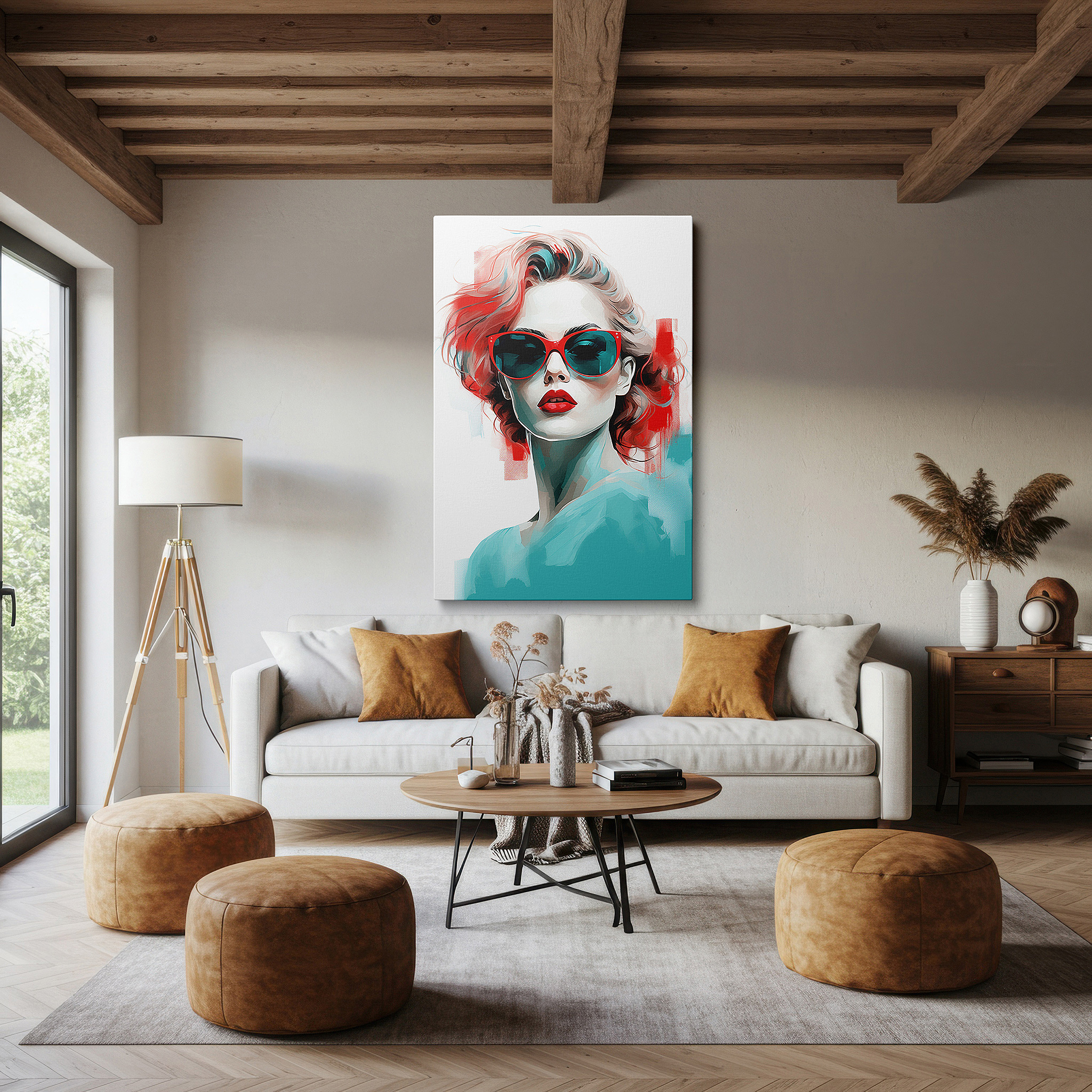 Perfectly sized at 45×30 cm for accenting shelves or narrow walls — stunning wall art featuring a woman with turquoise sunglasses and bright red lips, ideal for office or bedroom decor