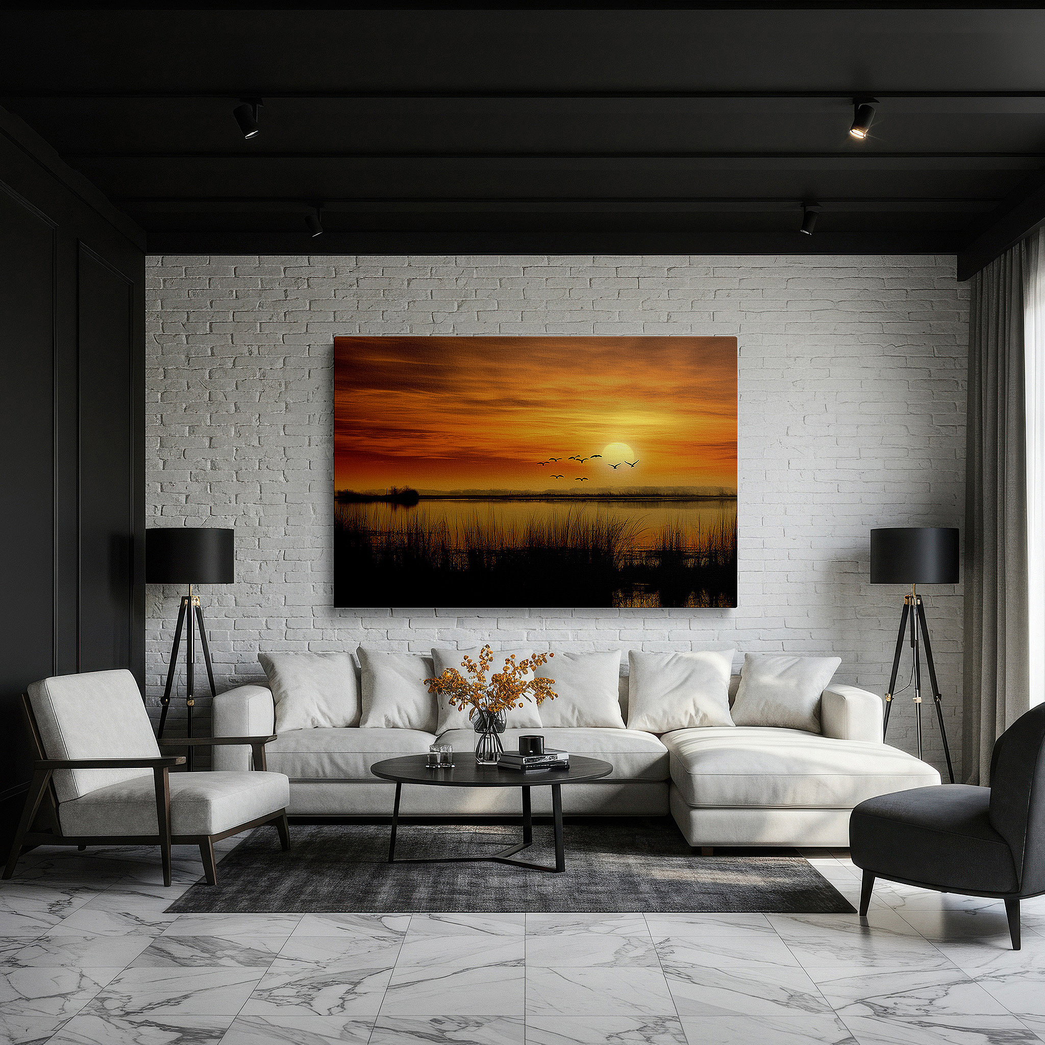 Perfectly sized at 45×30 cm for accenting shelves or narrow walls — sunset serenity over tranquil waters featuring silhouetted birds in flight - large canvas wall art for office and bedroom decor