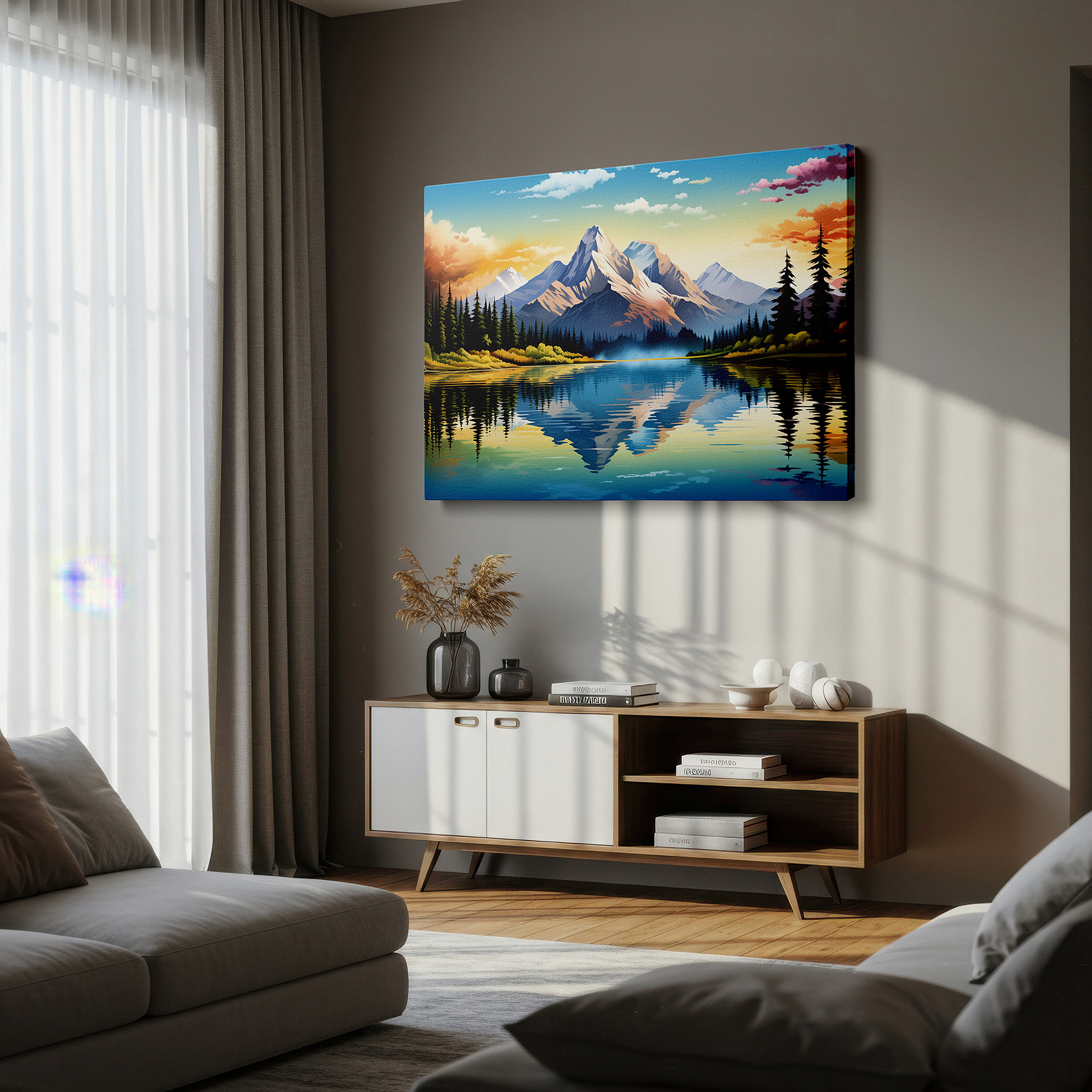 Perfectly sized at 45×30 cm for accenting shelves or narrow walls — tranquil evening by the lake: sunset glow - serene solitude and reflective exploration - large canvas wall art for office decor