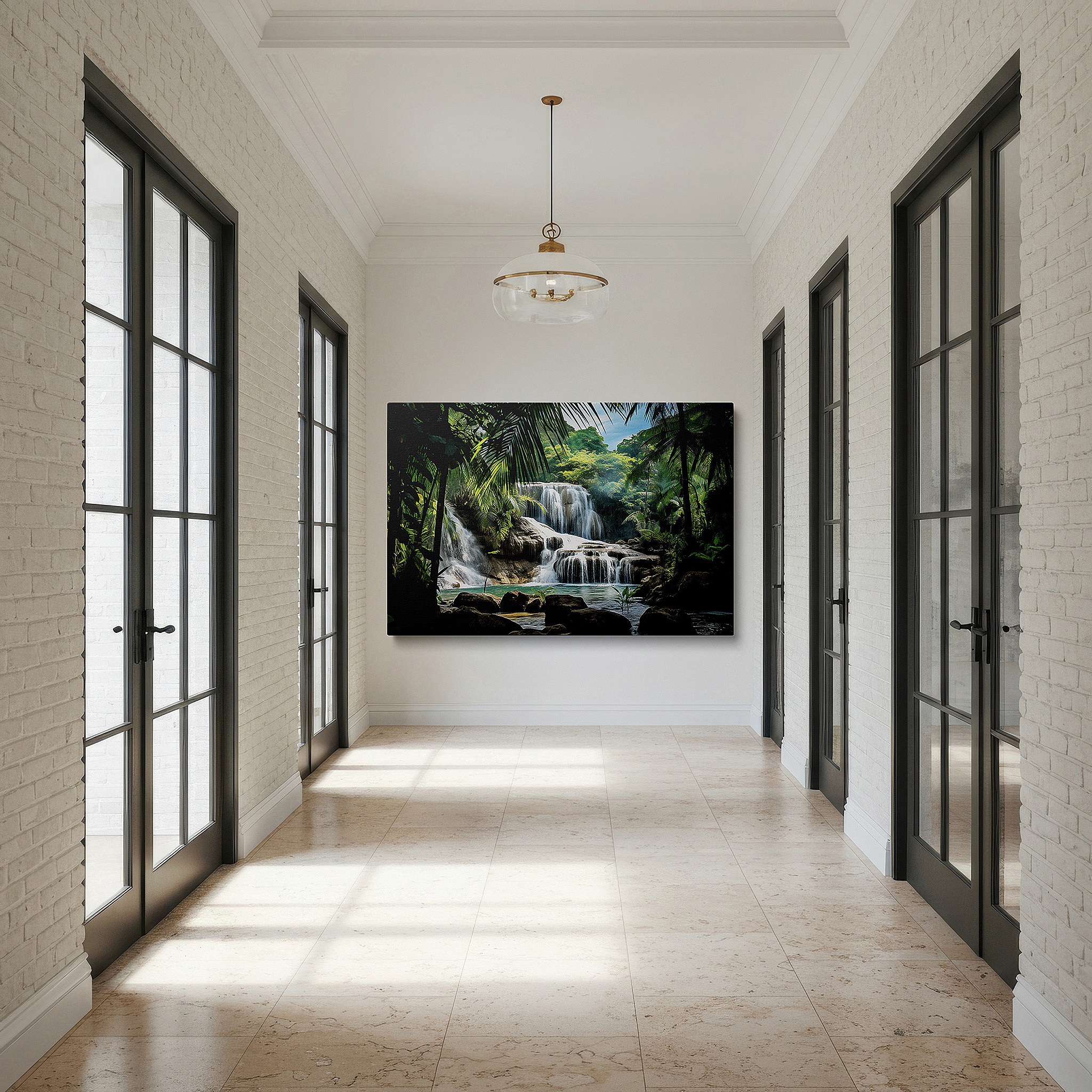 Perfectly sized at 45×30 cm for accenting shelves or narrow walls — tranquil waterfall and verdant foliage wall art, large canvas for serene nature escape, ideal for home and office decor