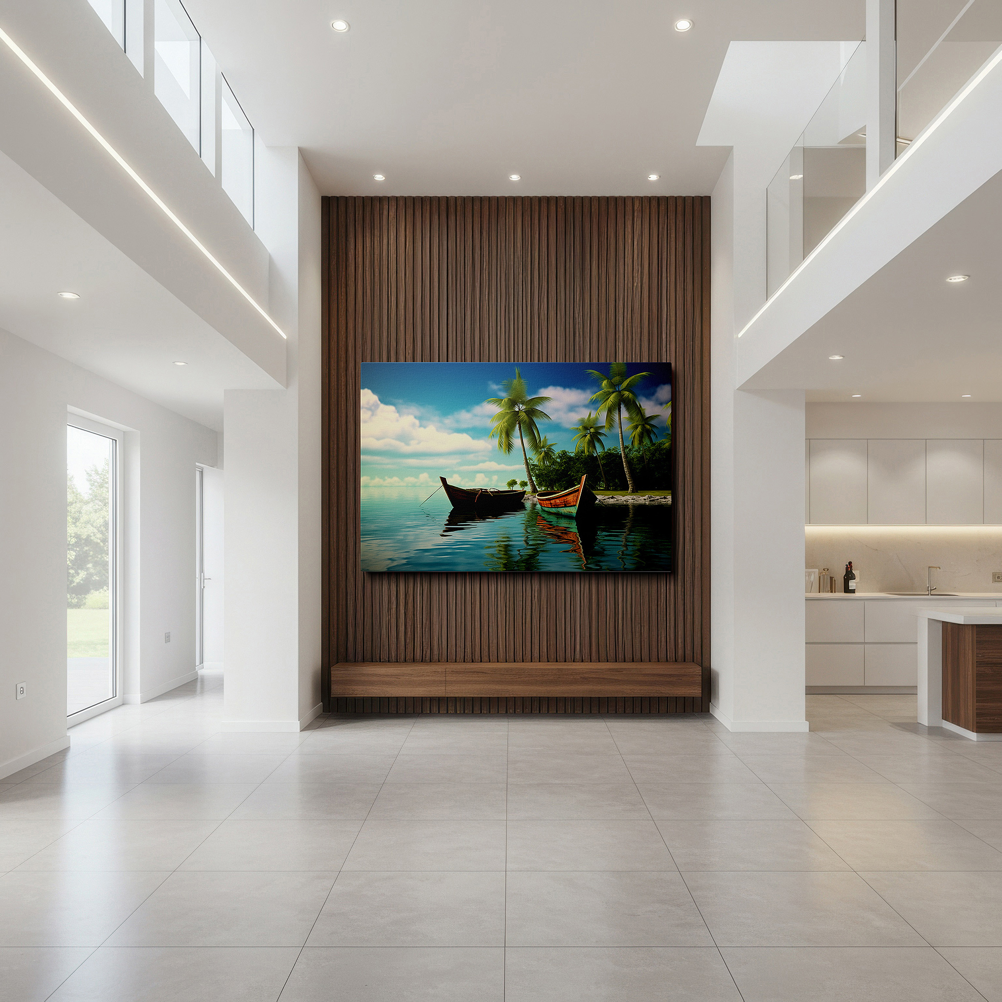Perfectly sized at 45×30 cm for accenting shelves or narrow walls — tropical paradise wall art featuring wooden boats and lush palms - large canvas for office, bedroom, and living room decor