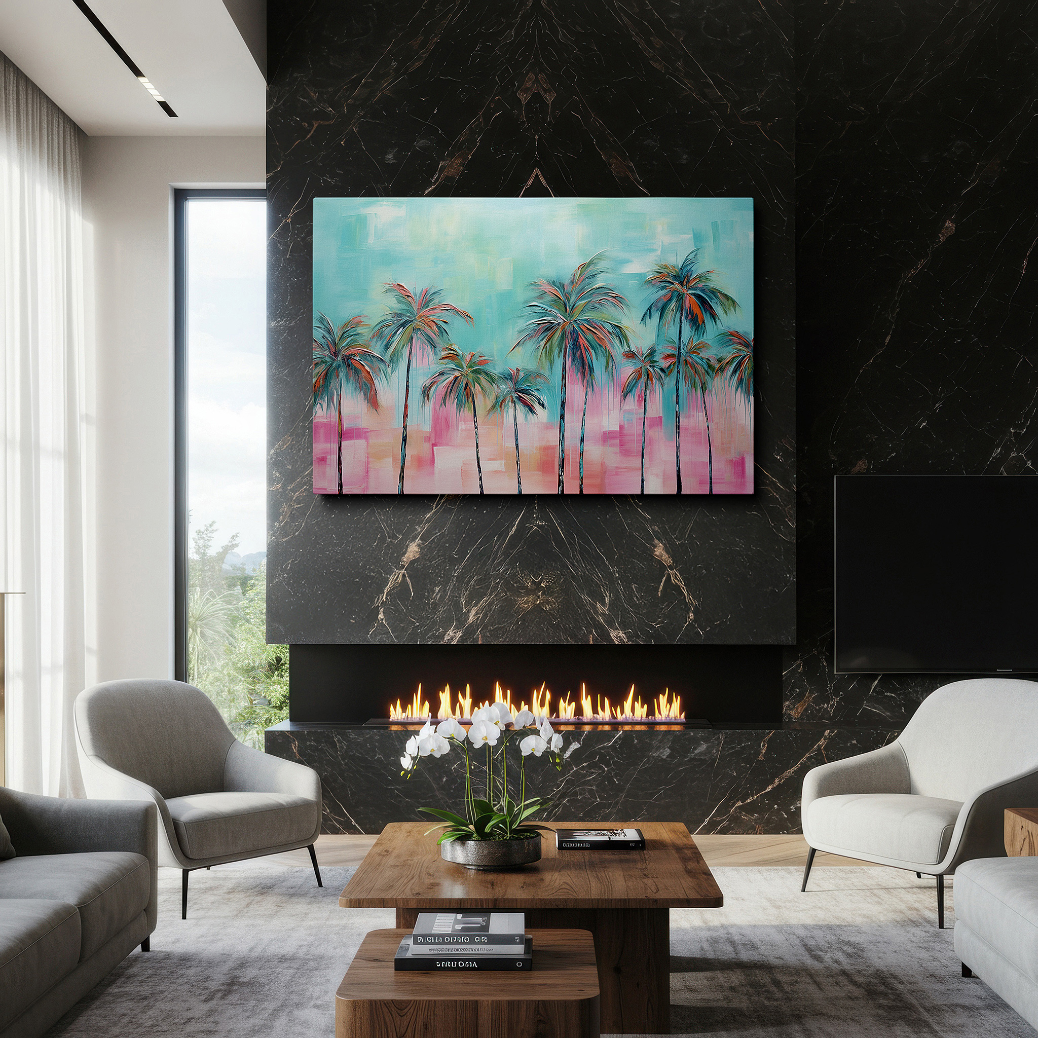 Perfectly sized at 45×30 cm for accenting shelves or narrow walls — tropical serenity: stylized palm trees and sunset mosaic large canvas wall art for office and bedroom decor