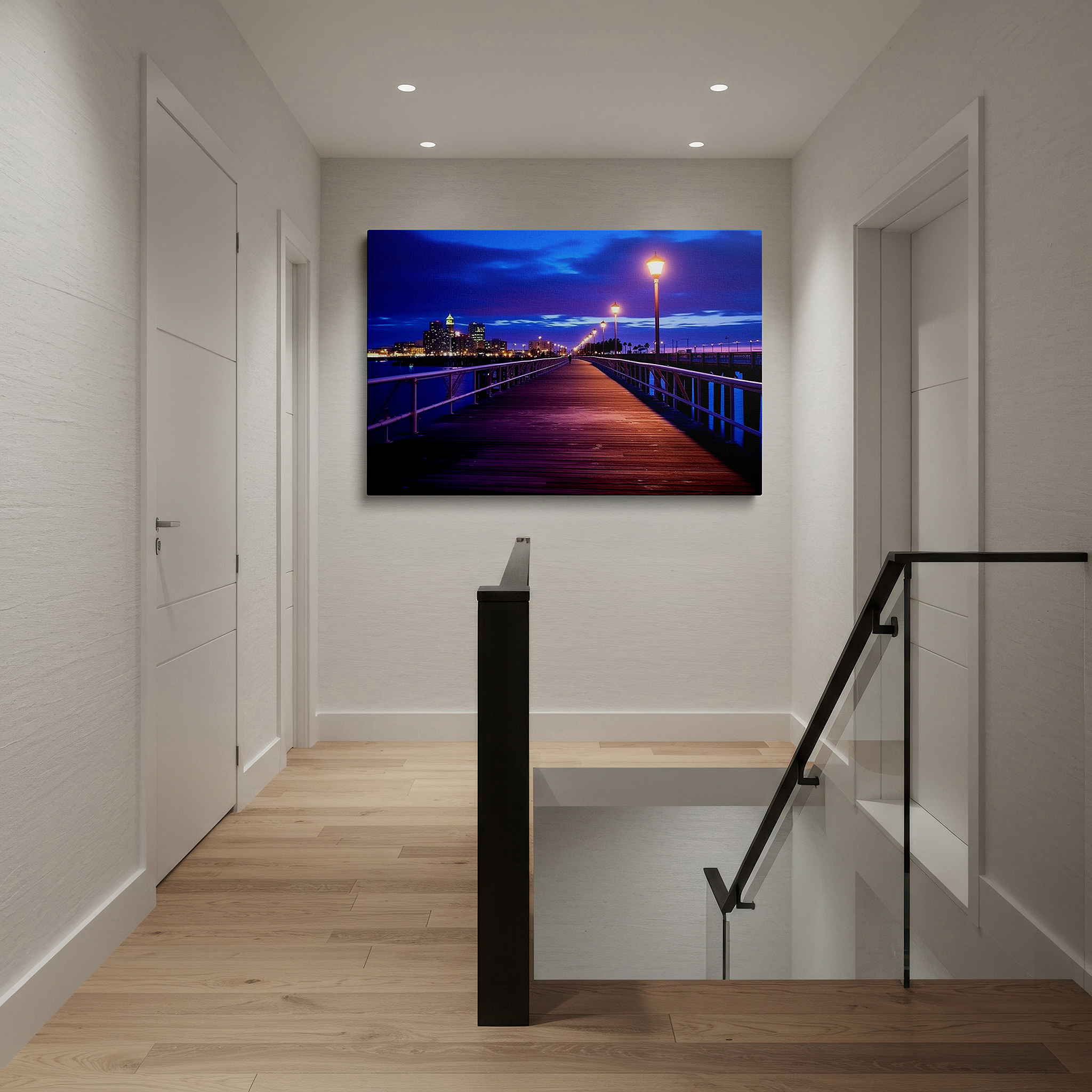 Perfectly sized at 45×30 cm for accenting shelves or narrow walls — twilight pier and city lights - a harmonious mix of natural and urban beauty large wall art, canvas wall art, wall decor, office wall art