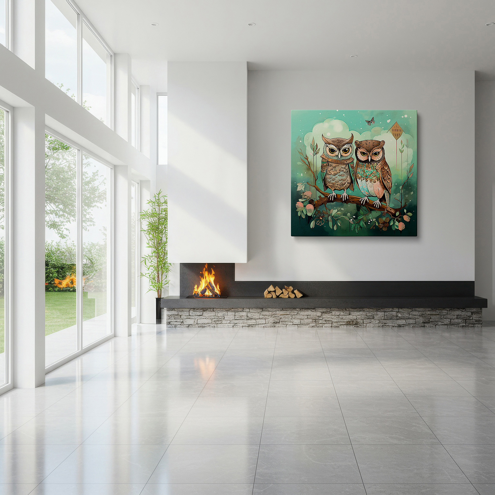 Perfectly sized at 45×30 cm for accenting shelves or narrow walls — twin owls on a twisted branch wall art: a warm and wise tapestry in the glow of dusk - large canvas wall art for home and office decor