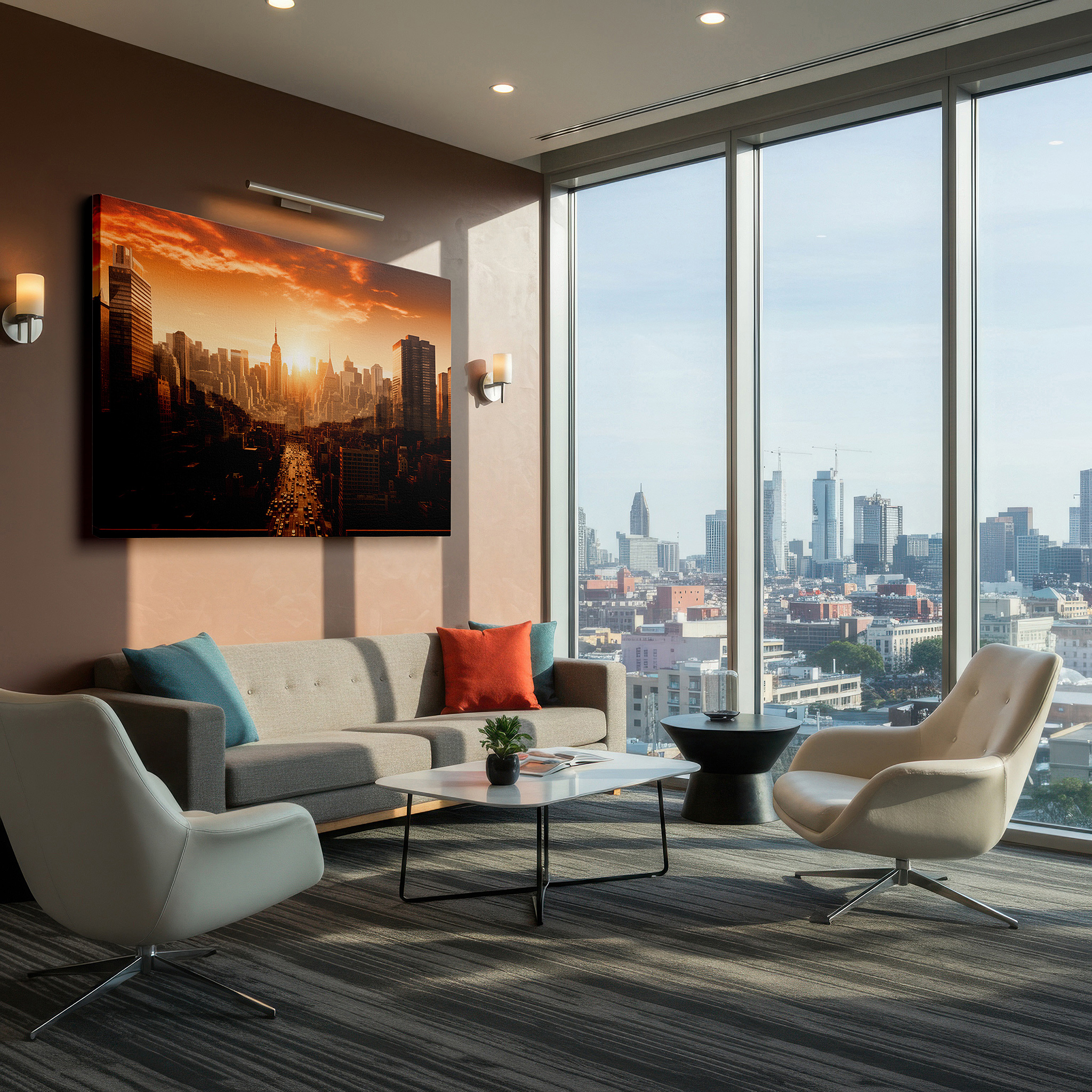 Perfectly sized at 45×30 cm for accenting shelves or narrow walls — urban sunset cityscape: vibrant metropolis at dusk - large canvas wall art for office, bedroom, and living room decor