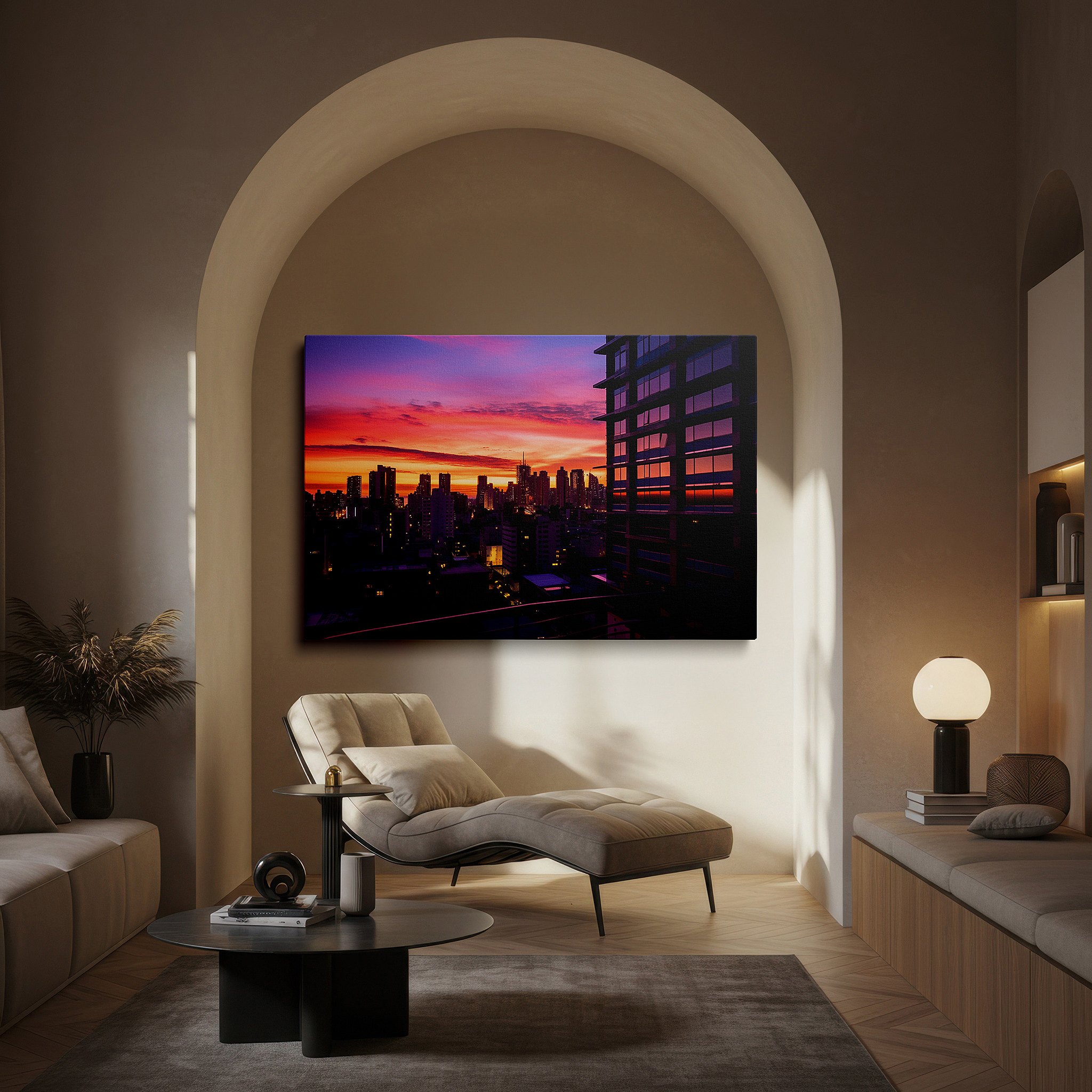 Perfectly sized at 45×30 cm for accenting shelves or narrow walls — urban sunset above glass skyscrapers - vibrant day to night transition large wall art, canvas wall art, wall decor, office wall art, bedroom wall art