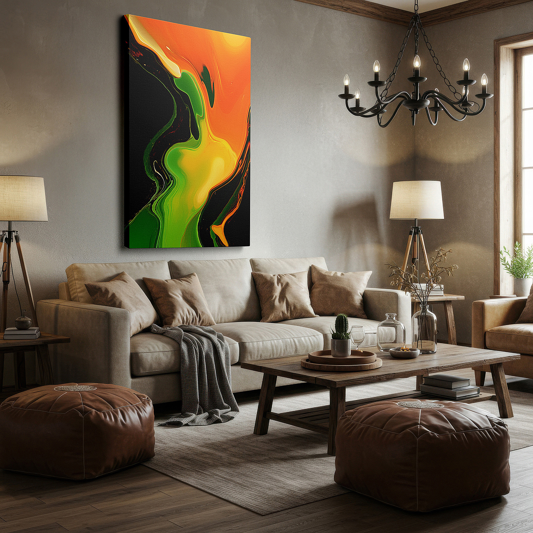 Perfectly sized at 45×30 cm for accenting shelves or narrow walls — vibrant orange and black dance of light and darkness large canvas wall art for office and bedroom decor