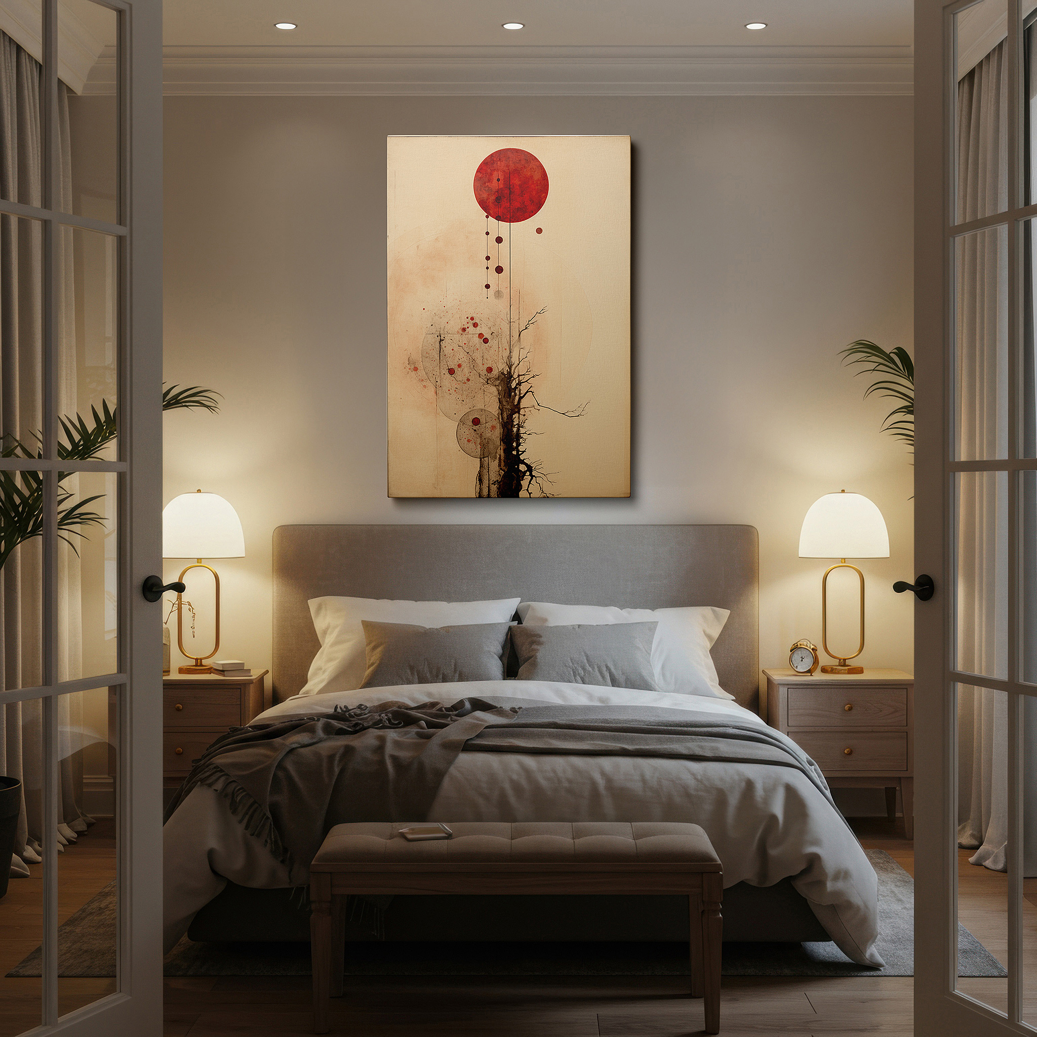 Perfectly sized at 45×30 cm for accenting shelves or narrow walls — vibrant red spheres and bold tree outline - a blend of abstract art and nature themes, large wall decor, canvas art, office wall decoration