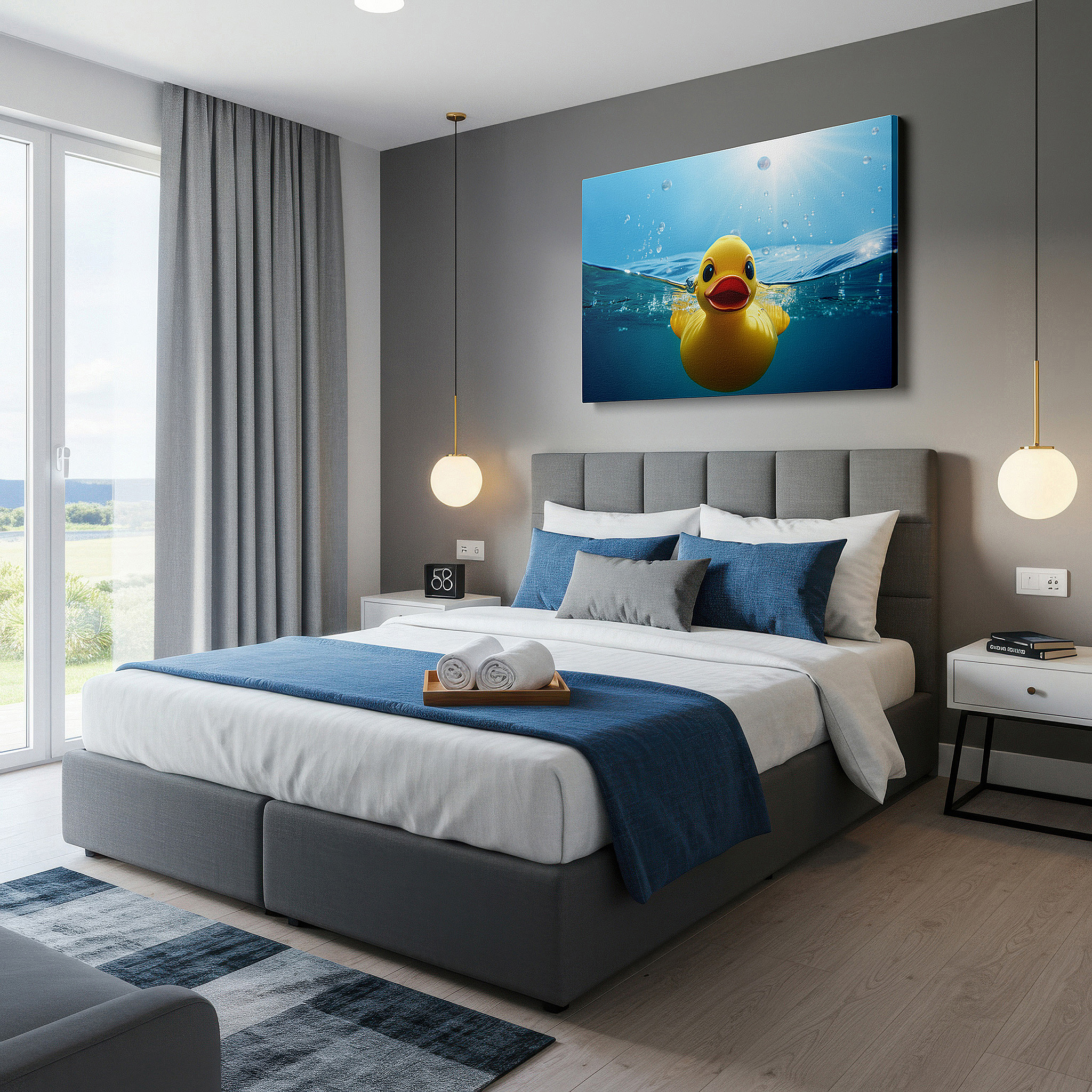 Perfectly sized at 45×30 cm for accenting shelves or narrow walls — vibrant yellow duck in crystal clear waters: playful serenity large wall art, canvas decor for office and bedroom