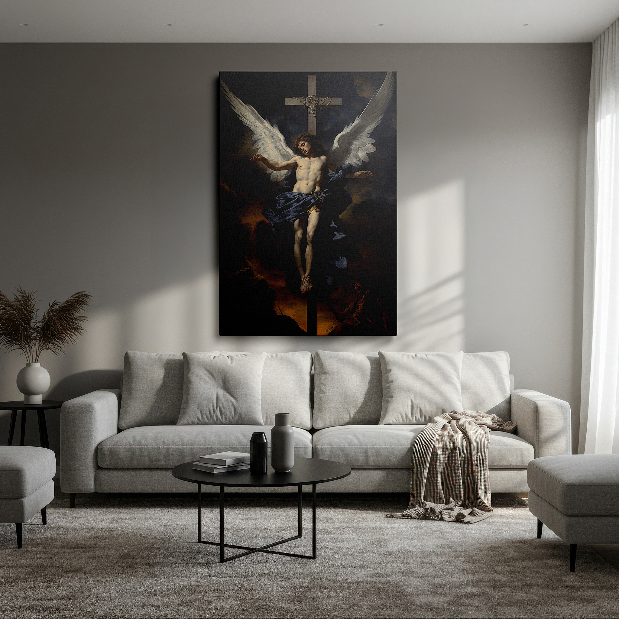 Perfectly sized at 45×30 cm for accenting shelves or narrow walls — wall art: "angelic sacrifice amidst stormy skies" - a divine interplay of light and darkness. large canvas wall art for office and bedroom decor