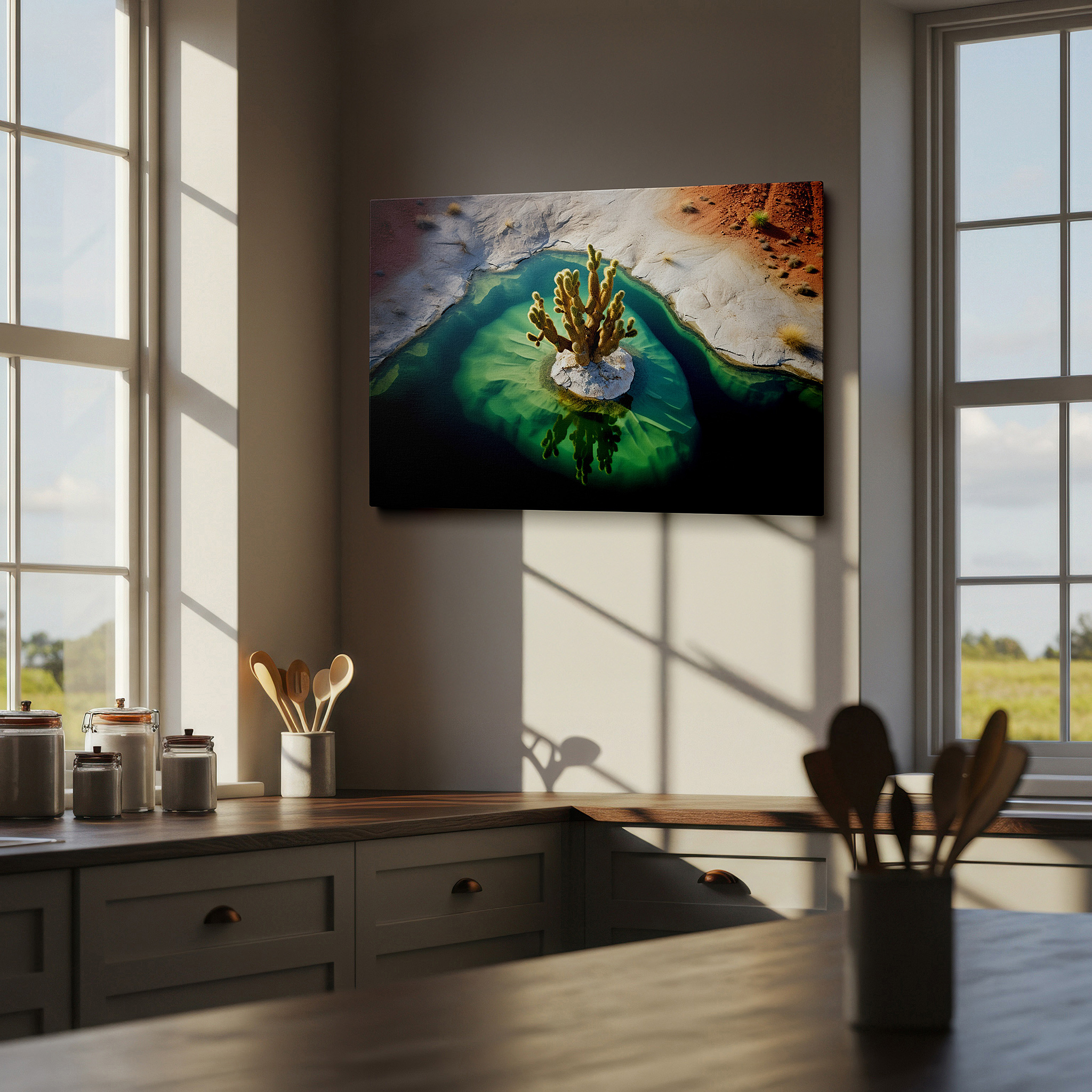 Perfectly sized at 45×30 cm for accenting shelves or narrow walls — wall art: lone cactus on a rocky island surrounded by turquoise waters - emblem of resilience and elegance. large canvas wall art for home and office decor.