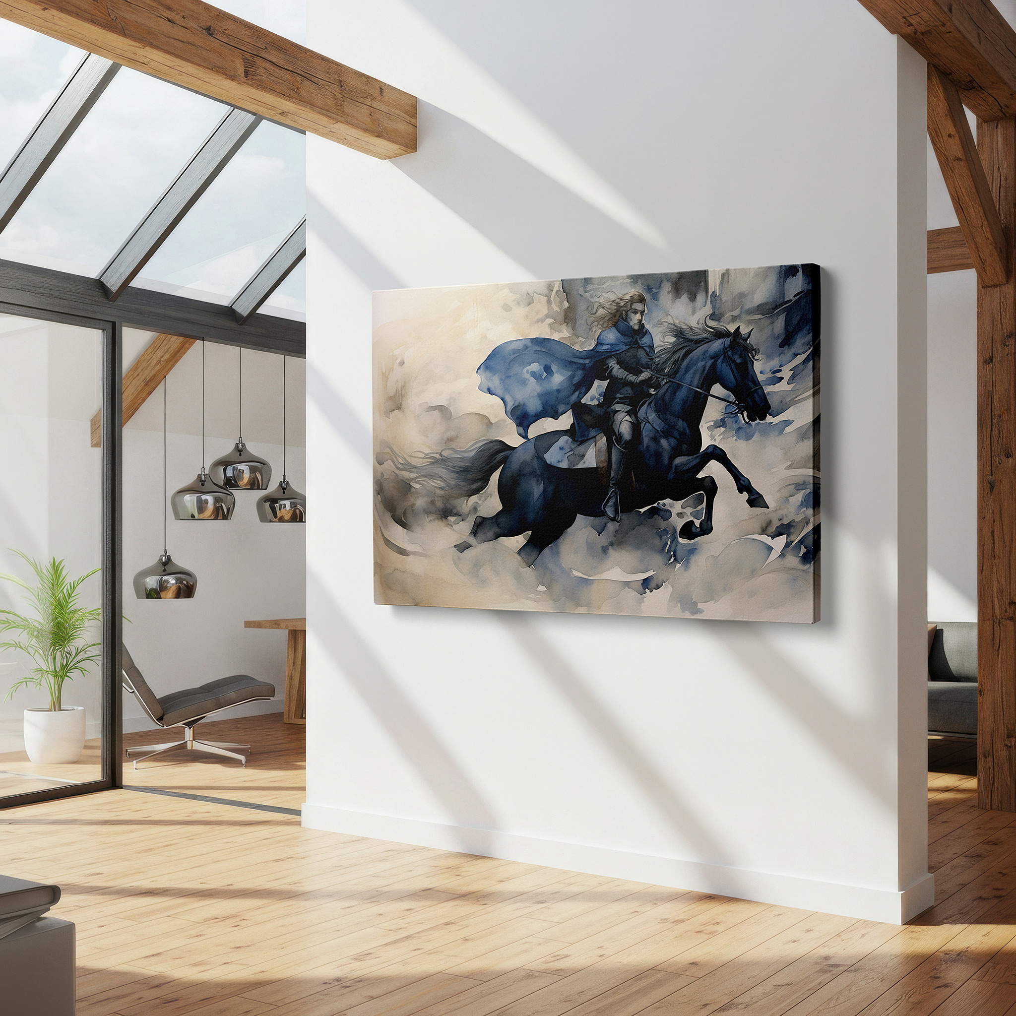 Perfectly sized at 45×30 cm for accenting shelves or narrow walls — wall art: majestic hero on horse amidst ethereal clouds - emblem of freedom and adventure. large canvas wall art for office decor.