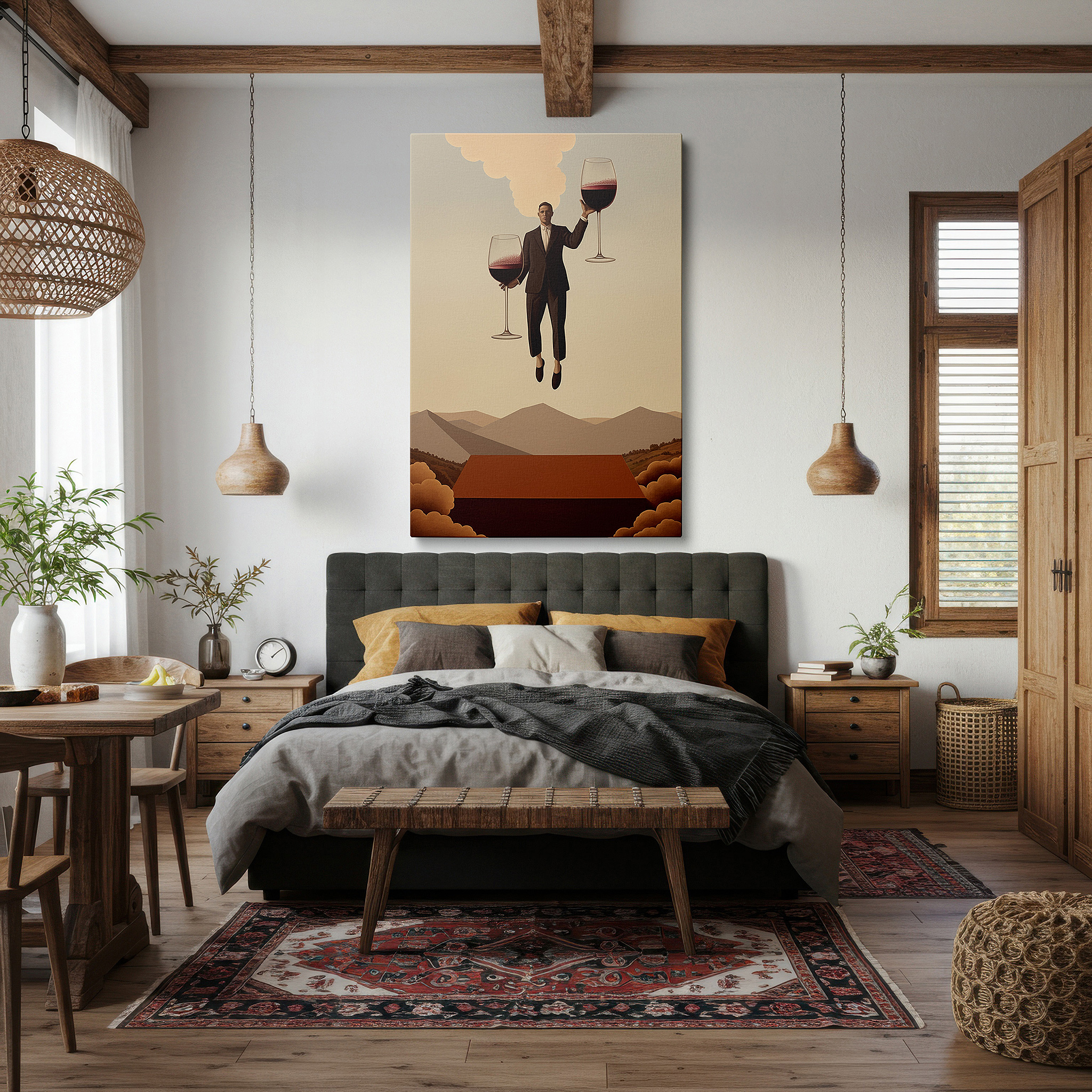 Perfectly sized at 45×30 cm for accenting shelves or narrow walls — wall art: serene man balancing wine glasses above minimalist landscape - large canvas art for office and bedroom decor