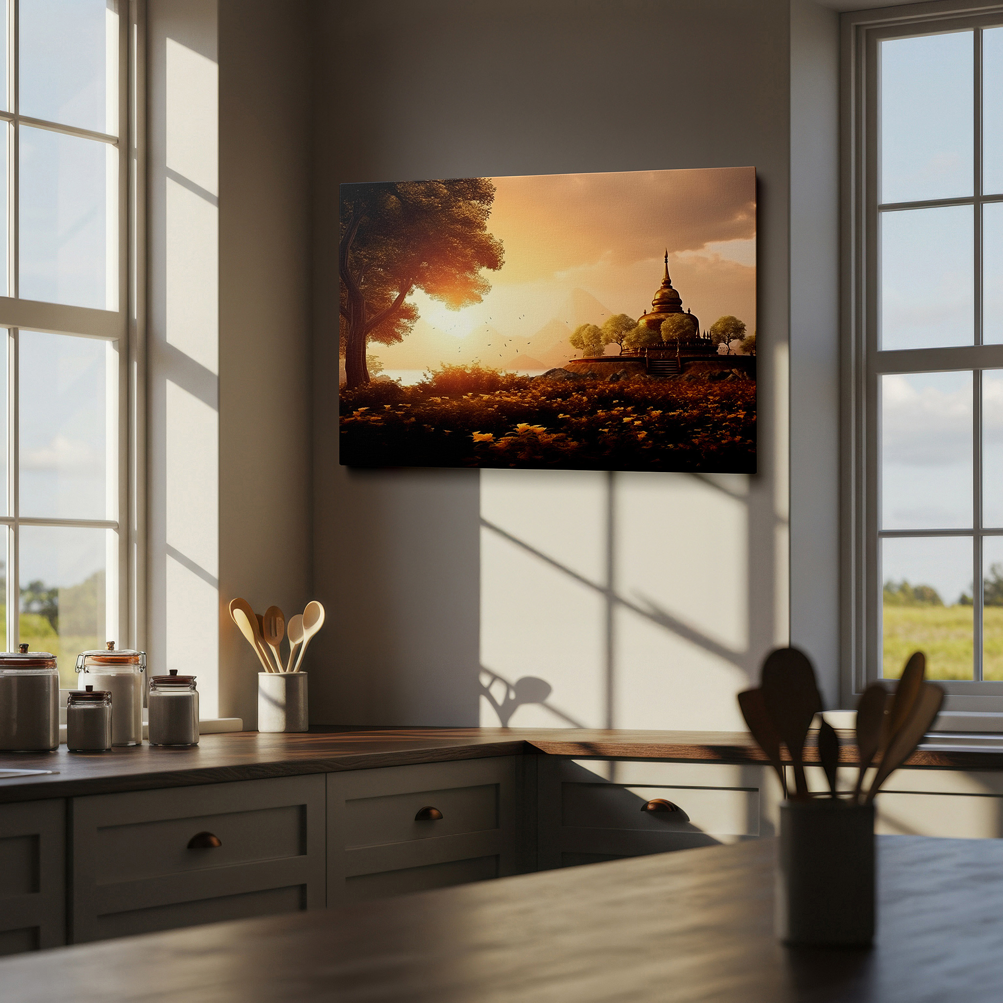 Perfectly sized at 45×30 cm for accenting shelves or narrow walls — wall art: serene temple in a verdant landscape at golden sunset - a haven of spiritual peace and architectural beauty, large canvas wall art decor.