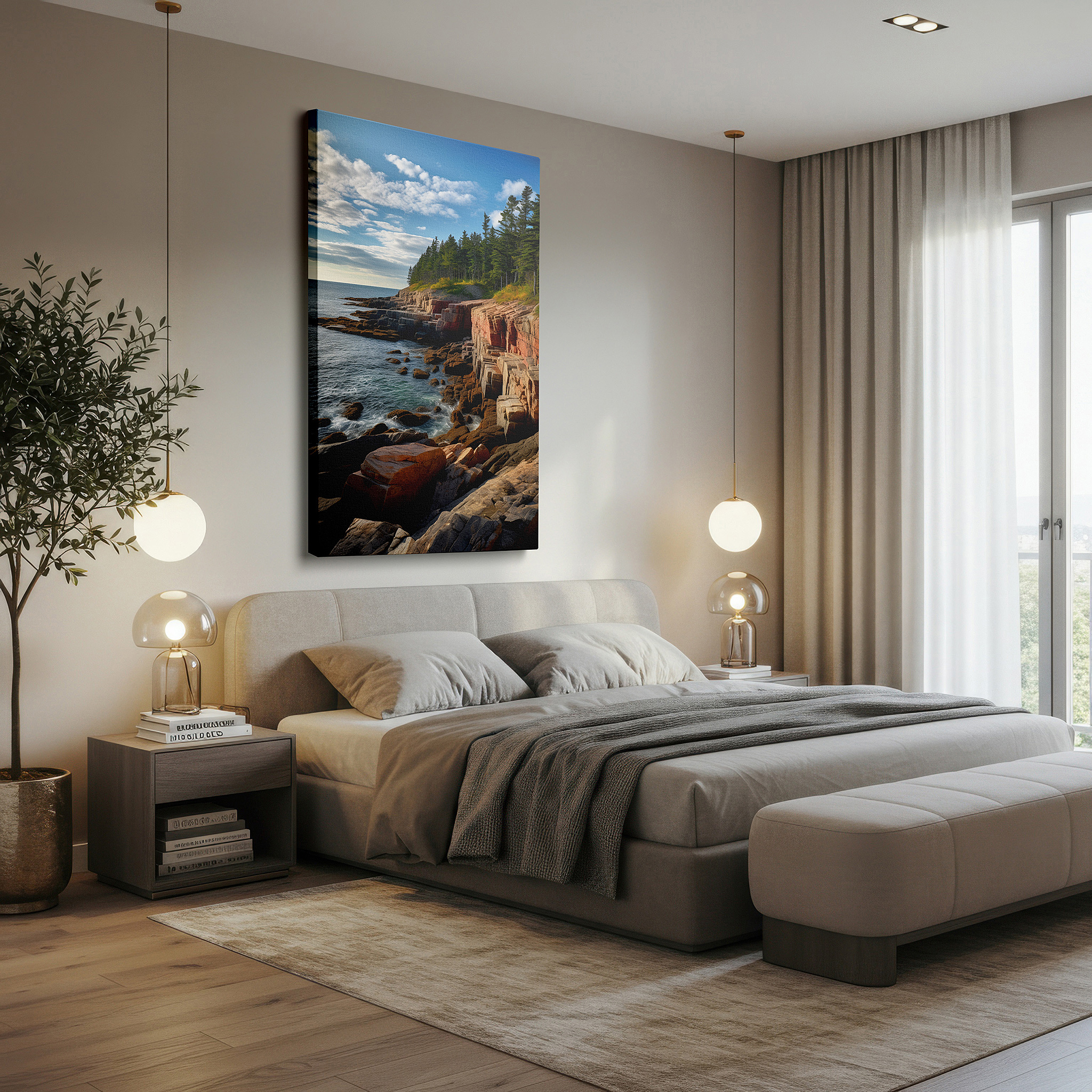 Perfectly sized at 45×30 cm for accenting shelves or narrow walls — wall art: stunning interplay of earth and water, coastal rocks with lush forests large canvas art, home and office decor, bedroom wall art