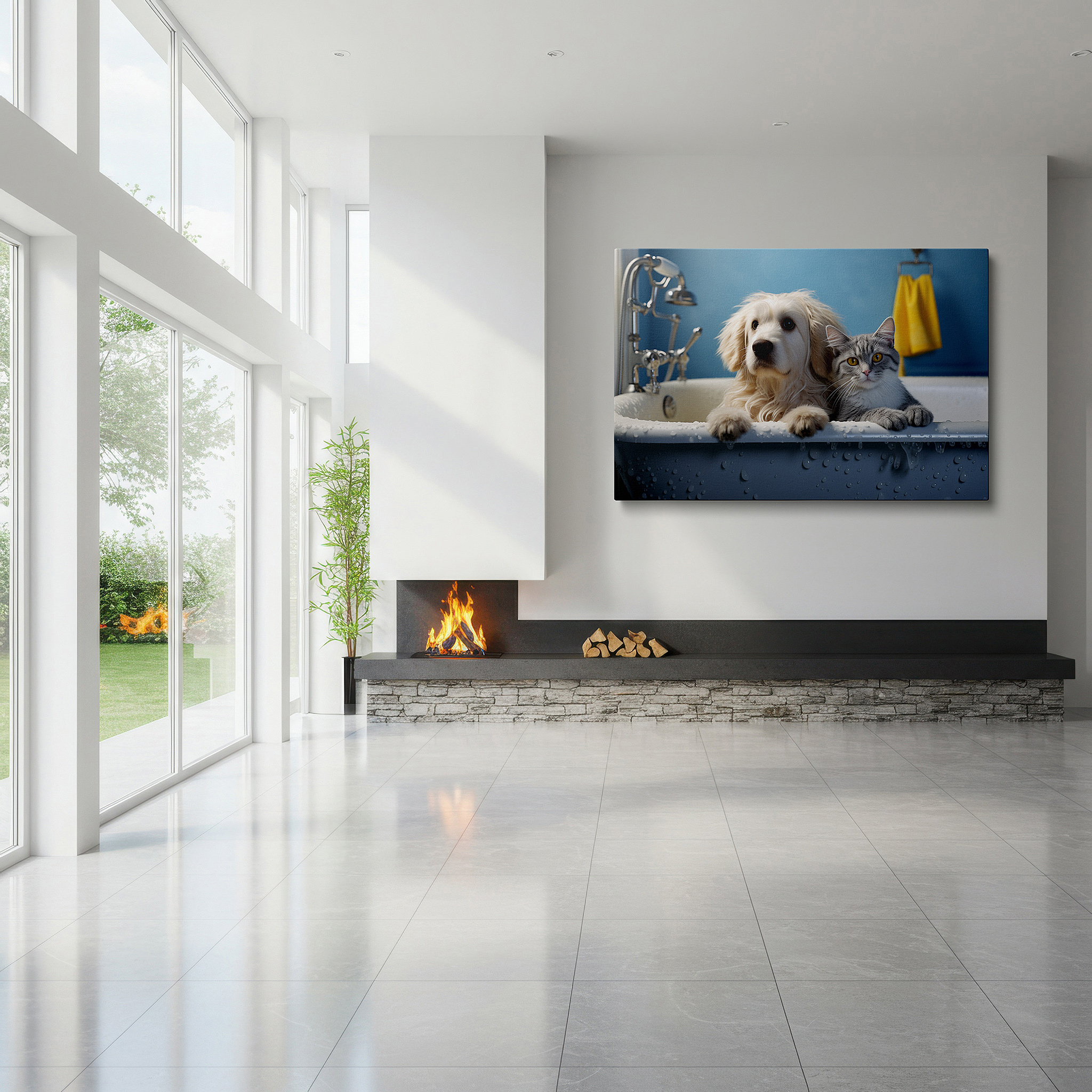 Perfectly sized at 45×30 cm for accenting shelves or narrow walls — wall art: a whimsical scene of a golden dog and gray cat enjoying a peaceful bath together - large canvas wall art decor displaying interspecies friendship