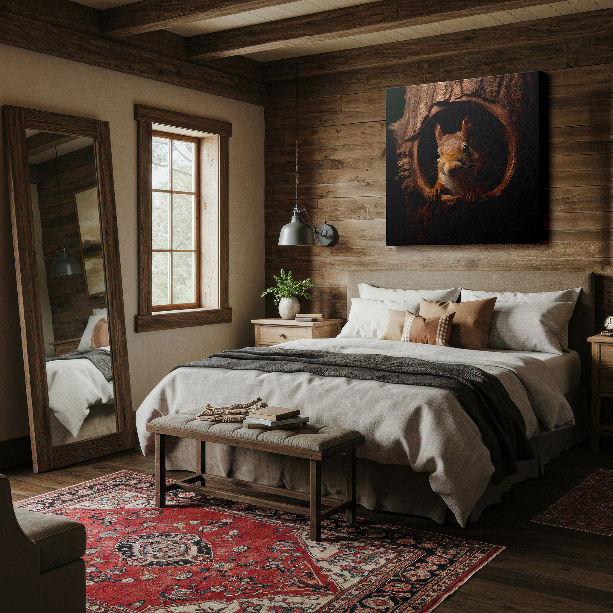 Perfectly sized at 45×30 cm for accenting shelves or narrow walls — wall decor: charming squirrel emerging from tree hollow - a striking display of wildlife playfulness and mischief, large canvas wall art for home and office decor