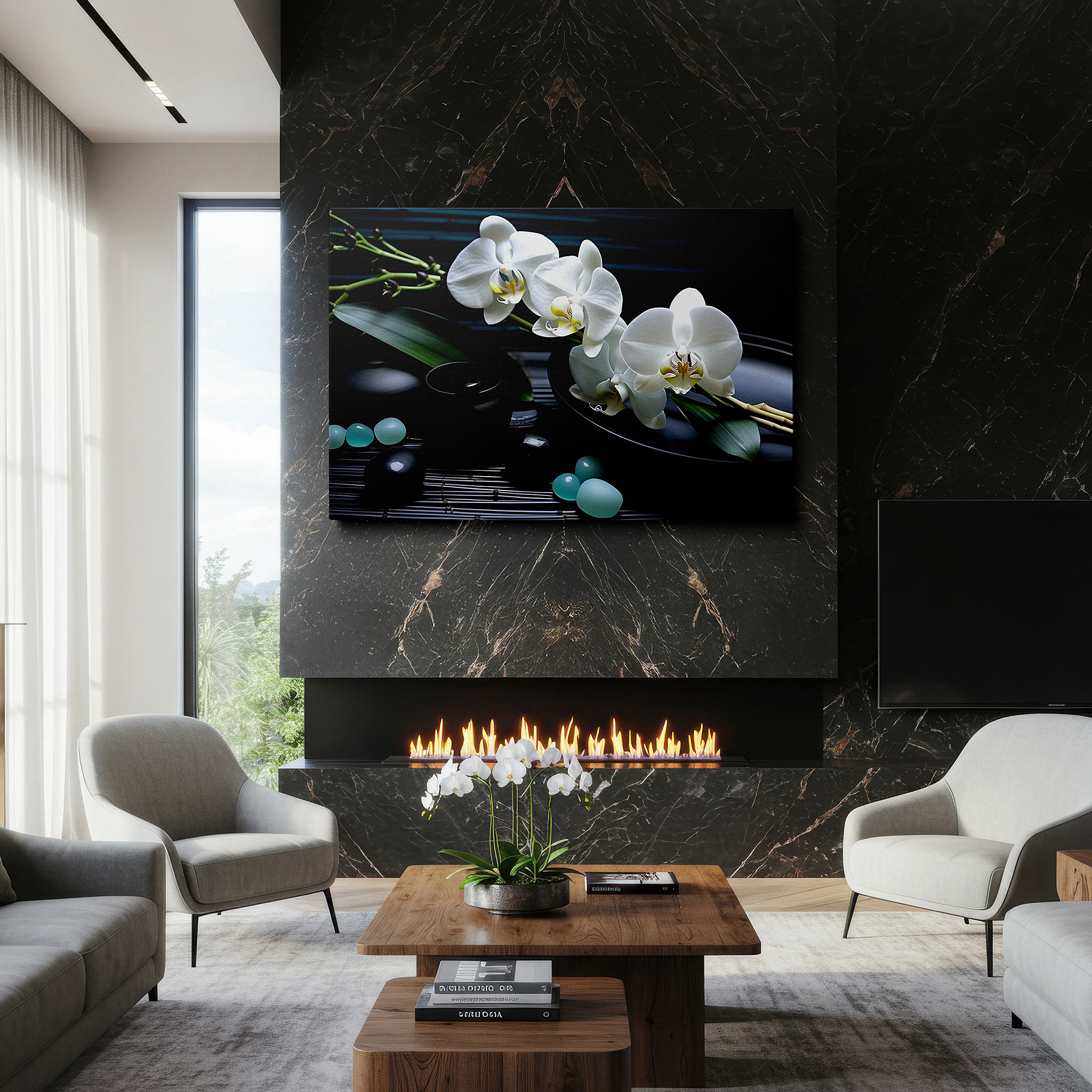 Perfectly sized at 45×30 cm for accenting shelves or narrow walls — wall decor: elegant white orchids and serene stones - large canvas art for office and bedroom