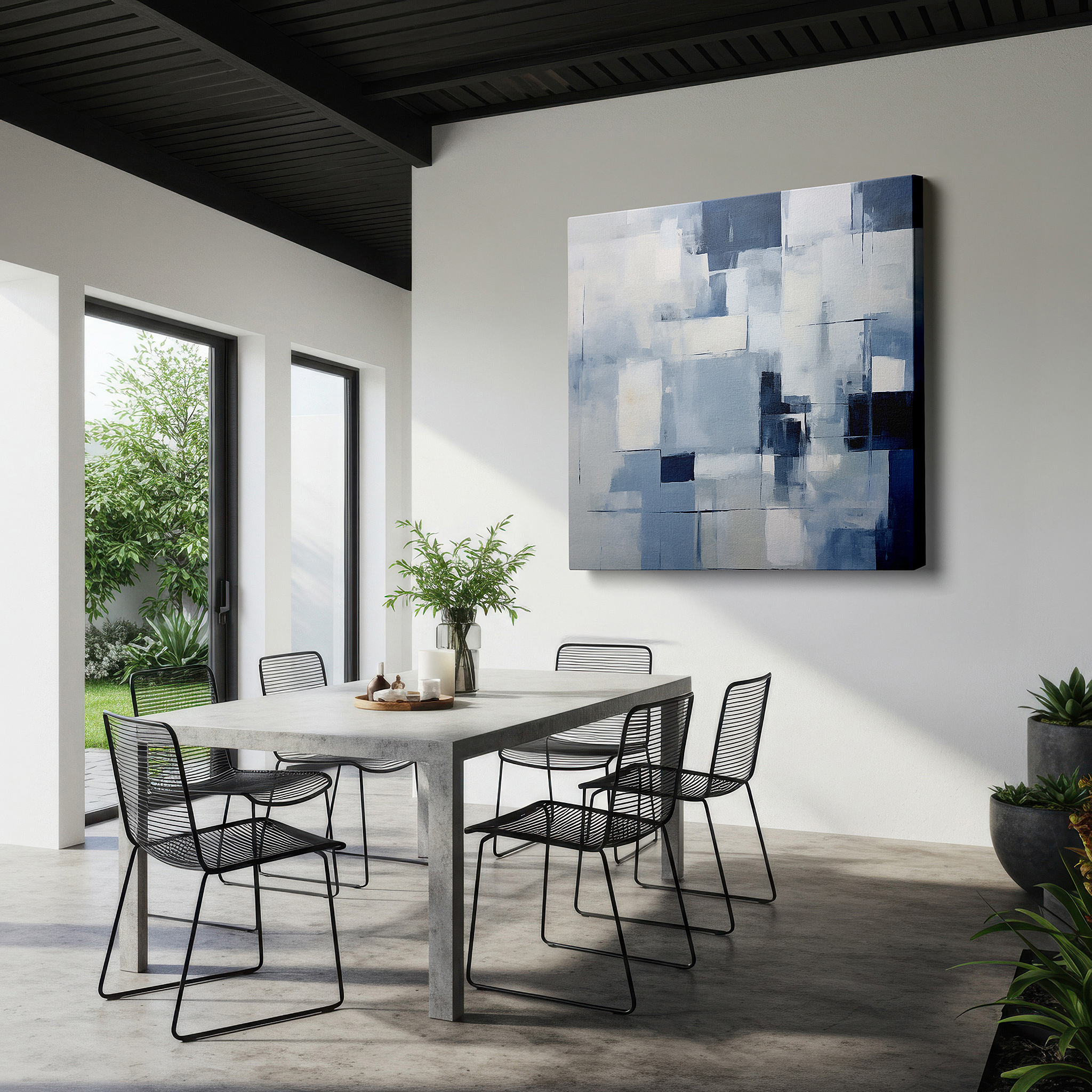 Positioned above a console table between ceramic vases — abstract geometric harmony in serene blues and crisp whites: contemporary large wall art for office and home decor, canvas wall art
