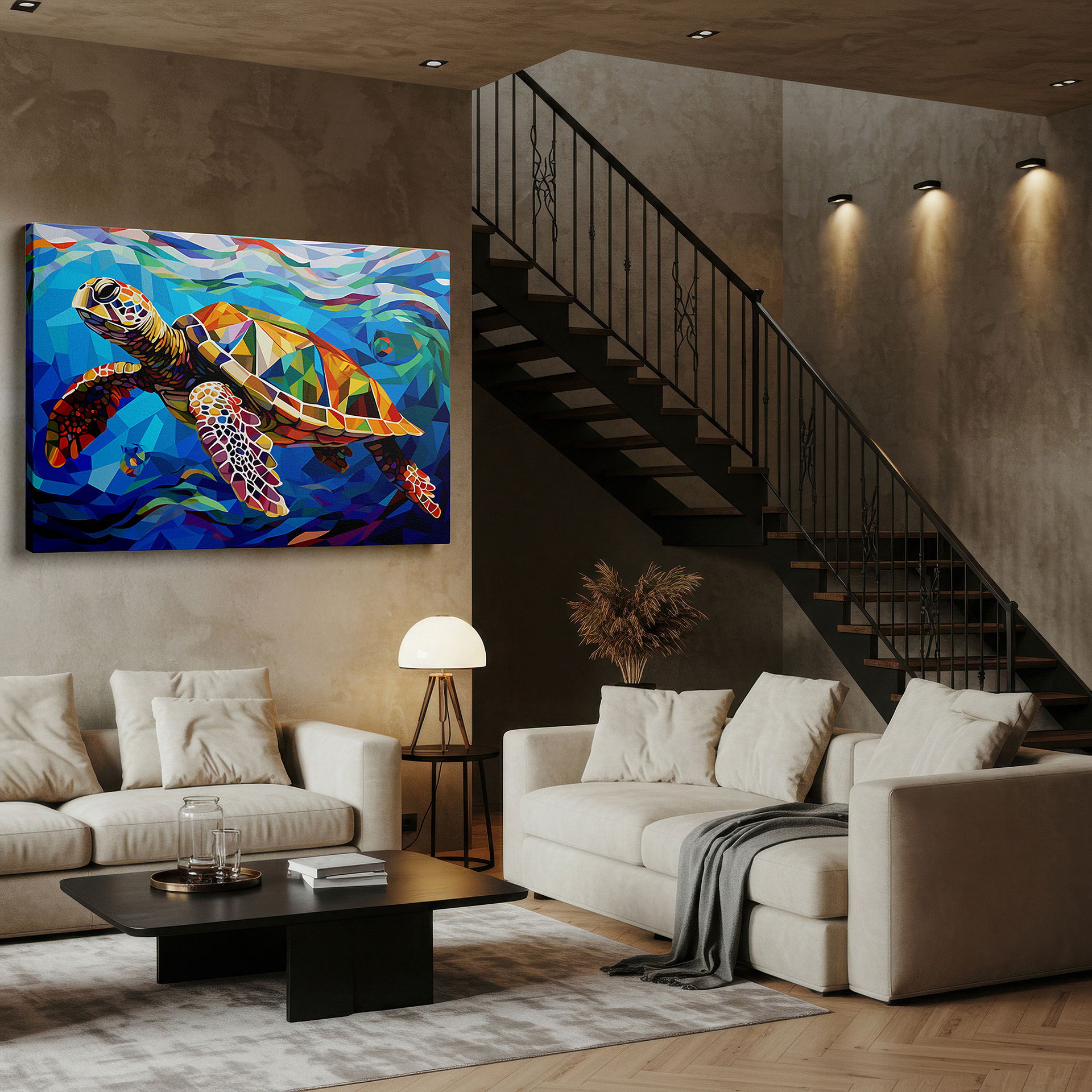 Positioned above a console table between ceramic vases — abstract sea turtle odyssey in ocean depths: a colorful homage to marine life and conservation - large canvas wall art for office decor