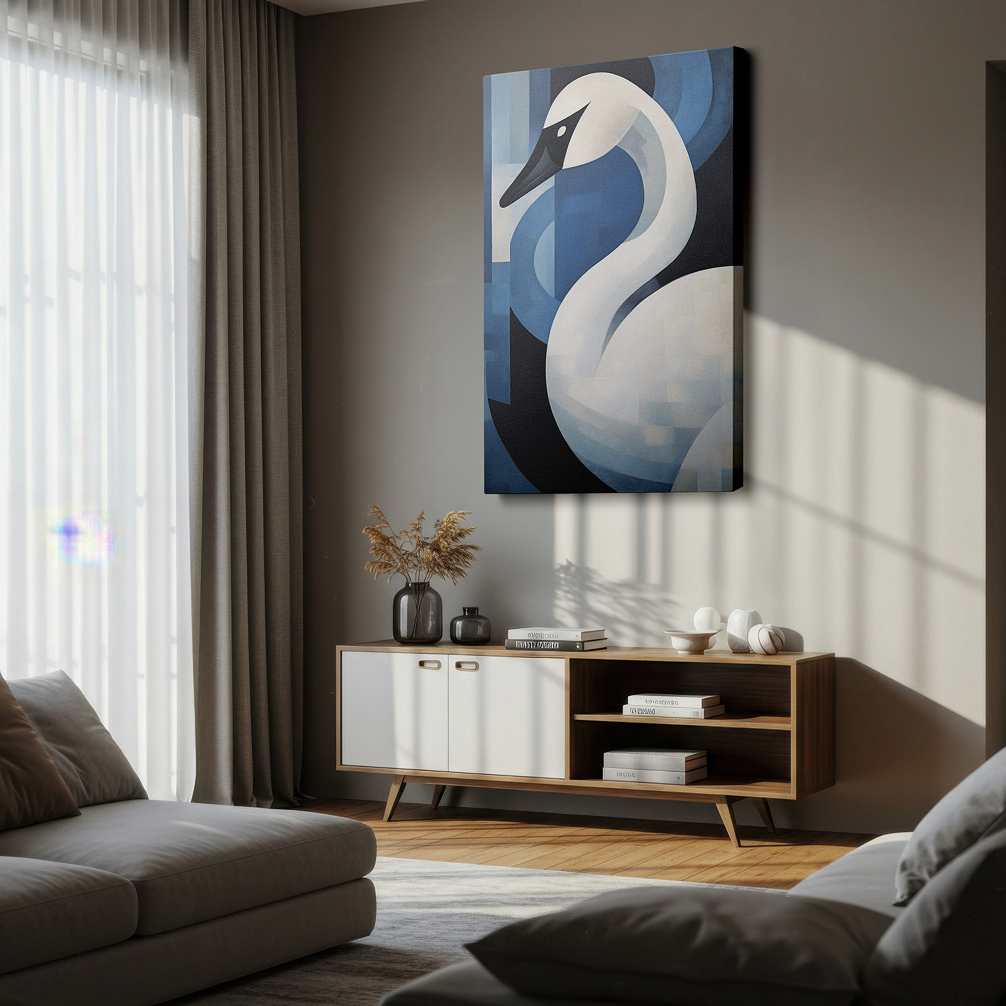 Positioned above a console table between ceramic vases — abstract white swan on vivid blue background, modern and sophisticated large wall art, canvas wall art for office decor