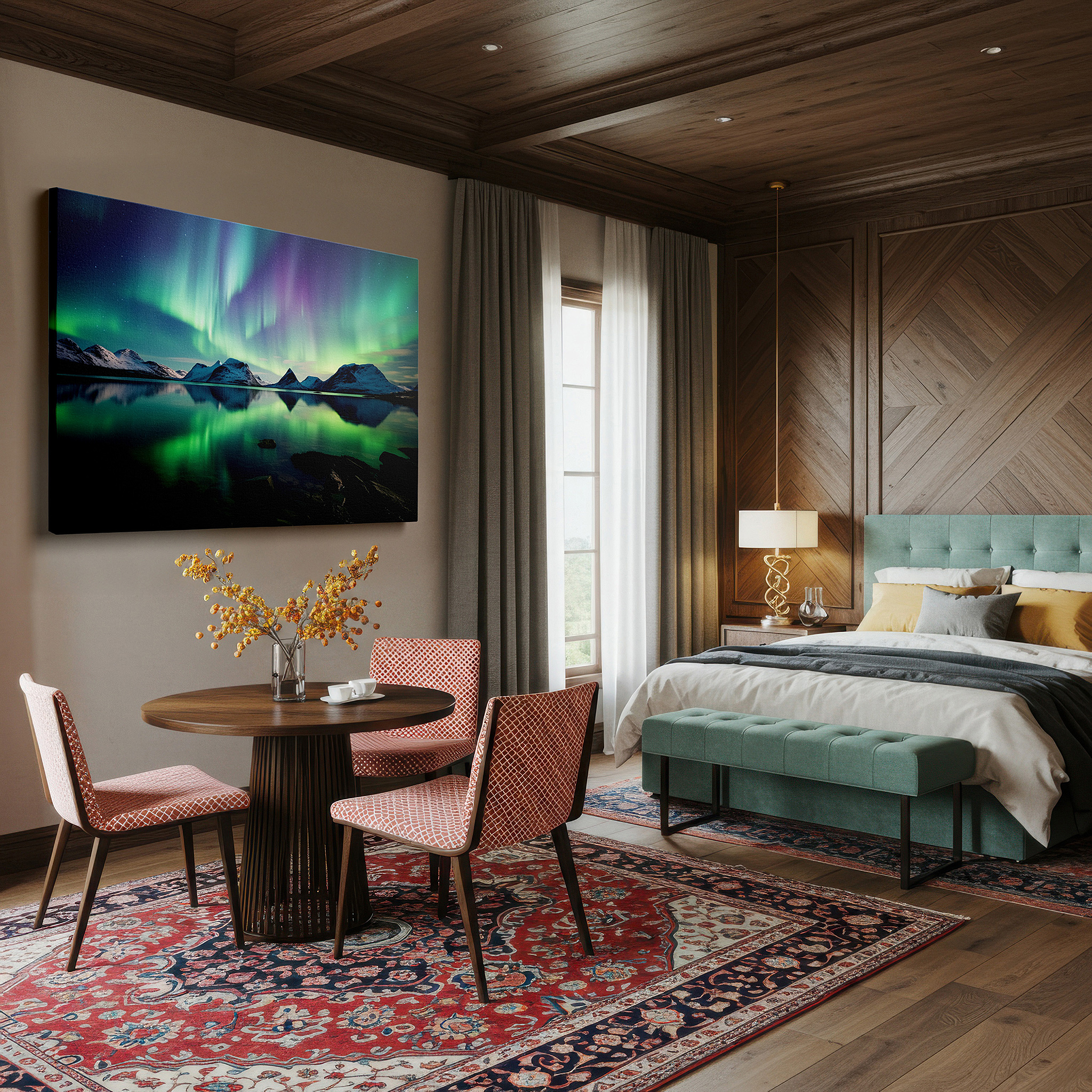 Positioned above a console table between ceramic vases — aurora borealis over peaceful mountains and reflective waters large canvas wall art for office decor