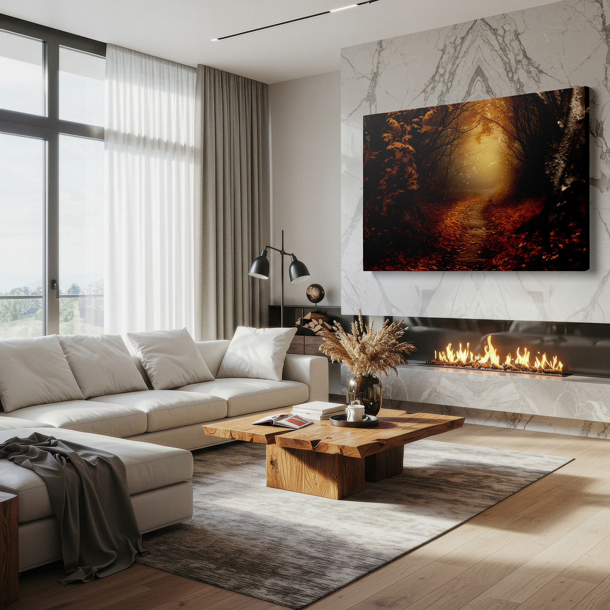 Positioned above a console table between ceramic vases — autumn forest twilight stroll large canvas wall art for office, bedroom, and living room decor