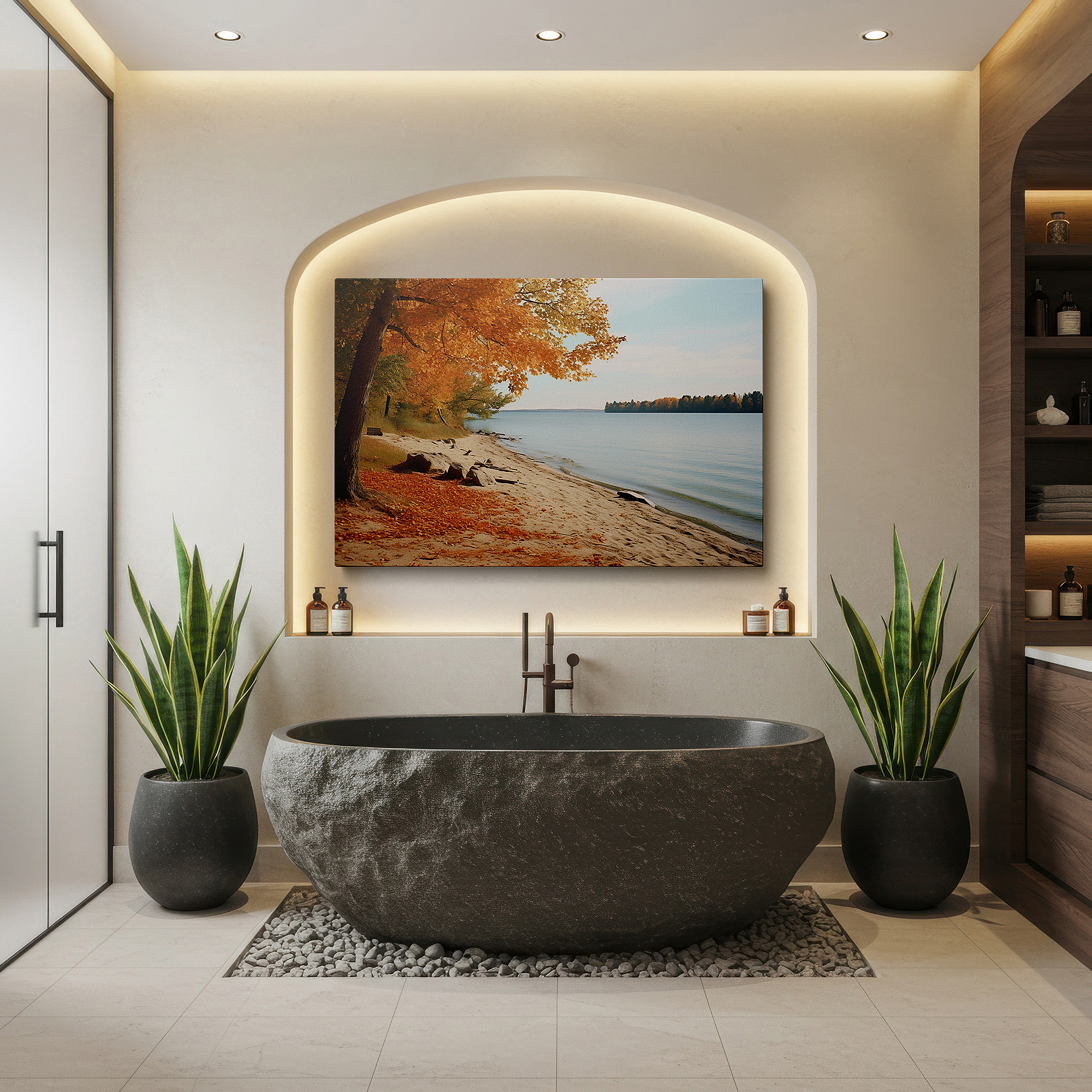 Positioned above a console table between ceramic vases — autumn lakeside reflections in golden hues - large canvas wall art for office, bedroom, and living room decor