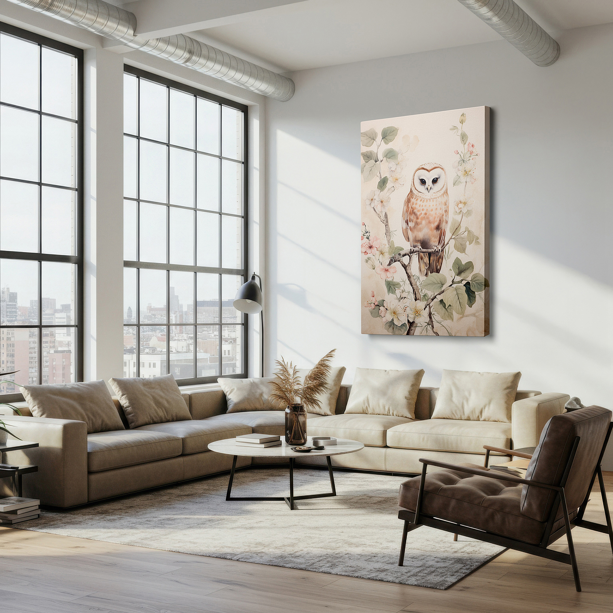 Positioned above a console table between ceramic vases — barn owl perched gracefully on a blossom-filled branch, serene nature portrait large wall art, canvas wall art, wall decor for office