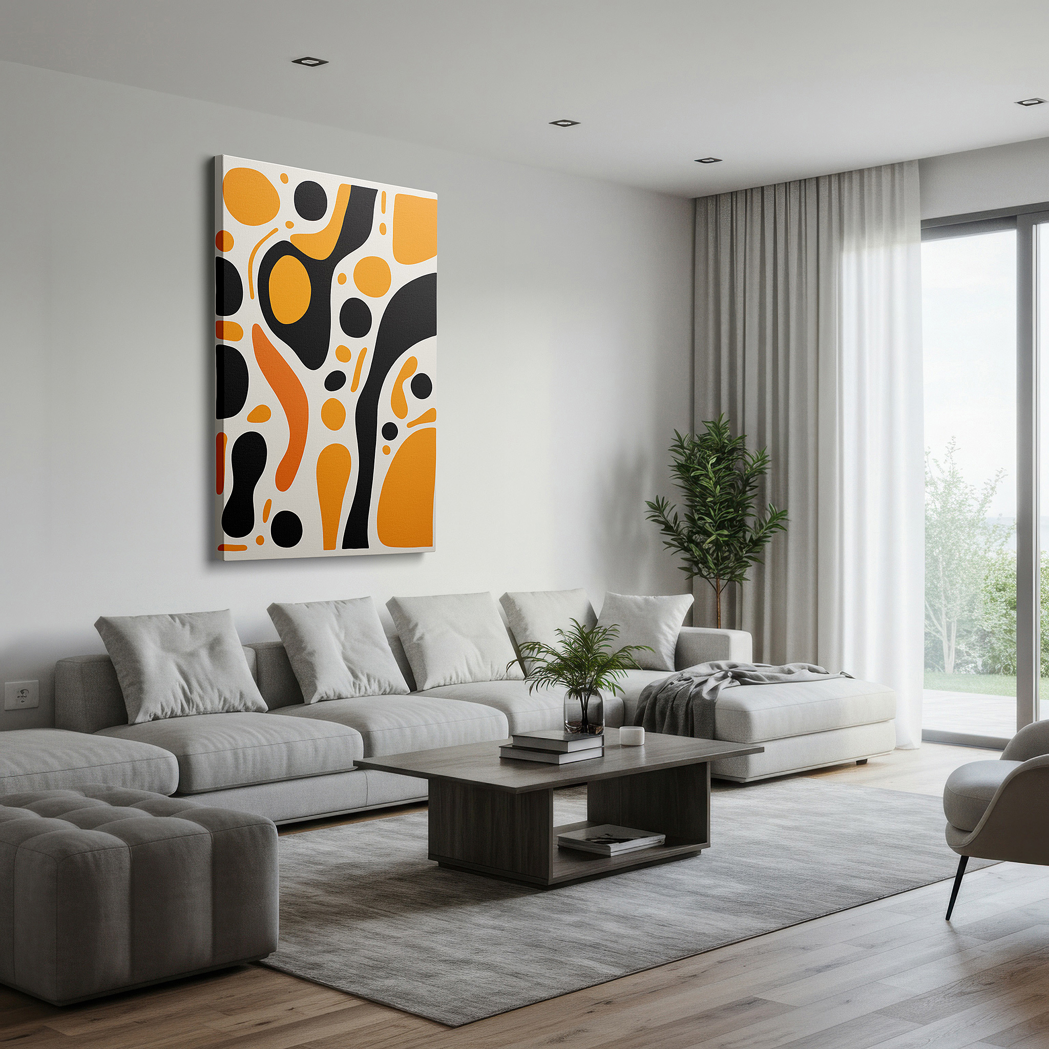 Positioned above a console table between ceramic vases — black and orange vibrant dance, abstract expression large wall art, canvas wall art, wall decor for office and bedroom