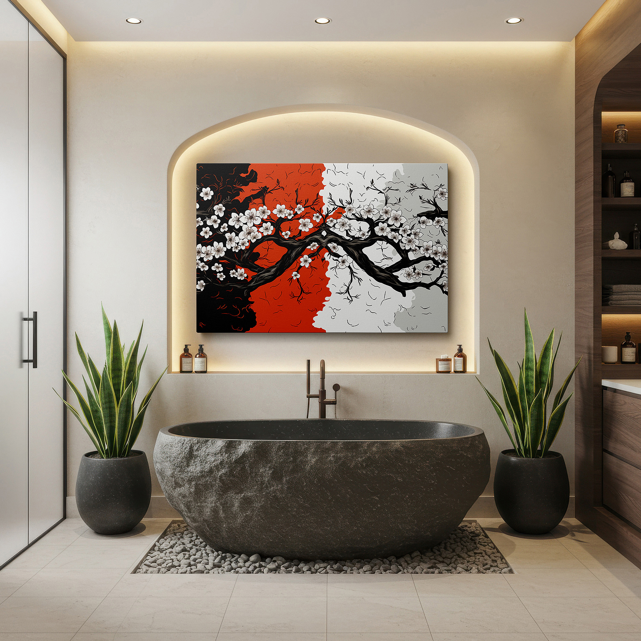 Positioned above a console table between ceramic vases — black, red, and white symphony: large wall art canvas featuring floral designs that evoke strength, serenity, and harmonious duality