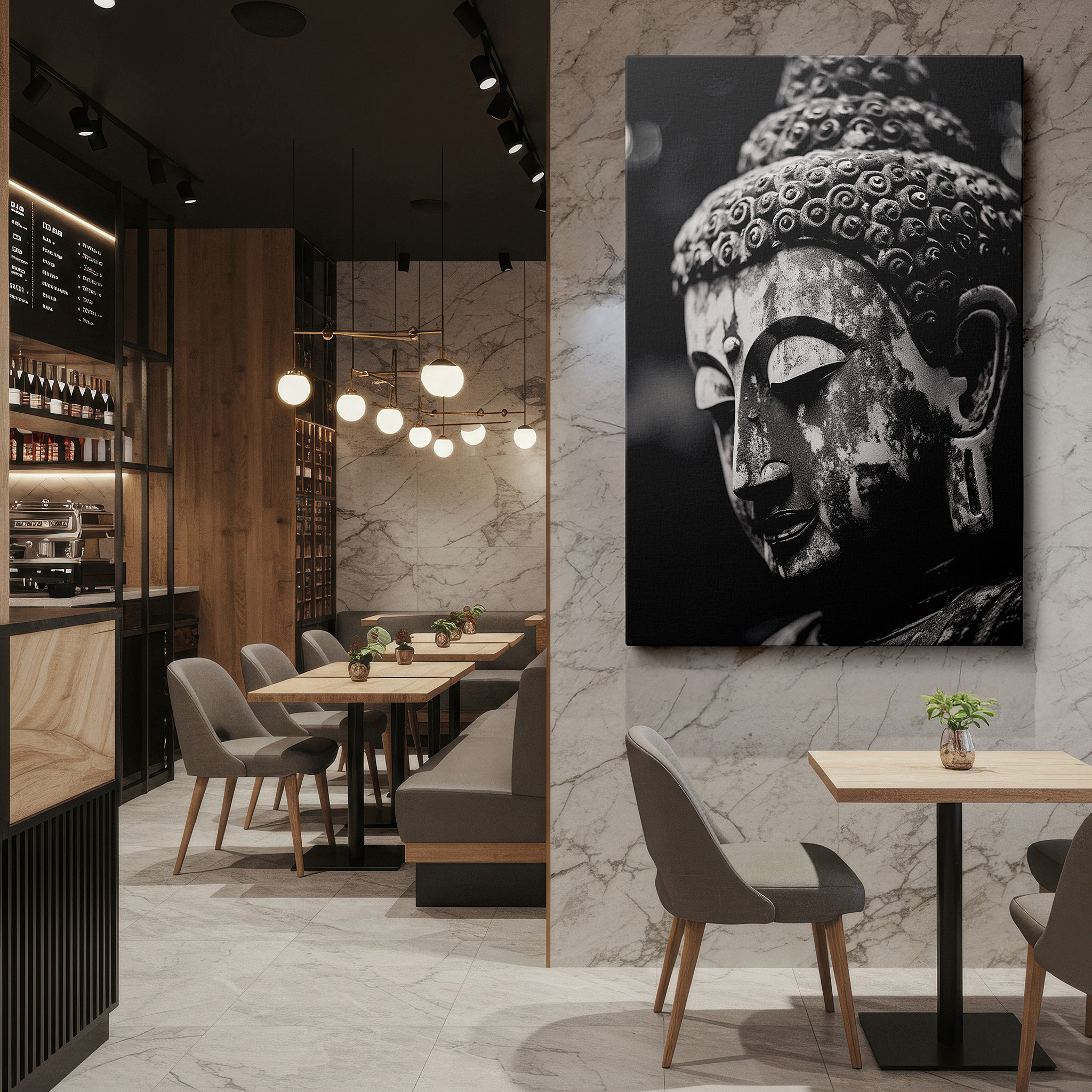 Positioned above a console table between ceramic vases — black and white buddha portrait wall art: explore spiritual depth and serene beauty with large canvas decor for home and office