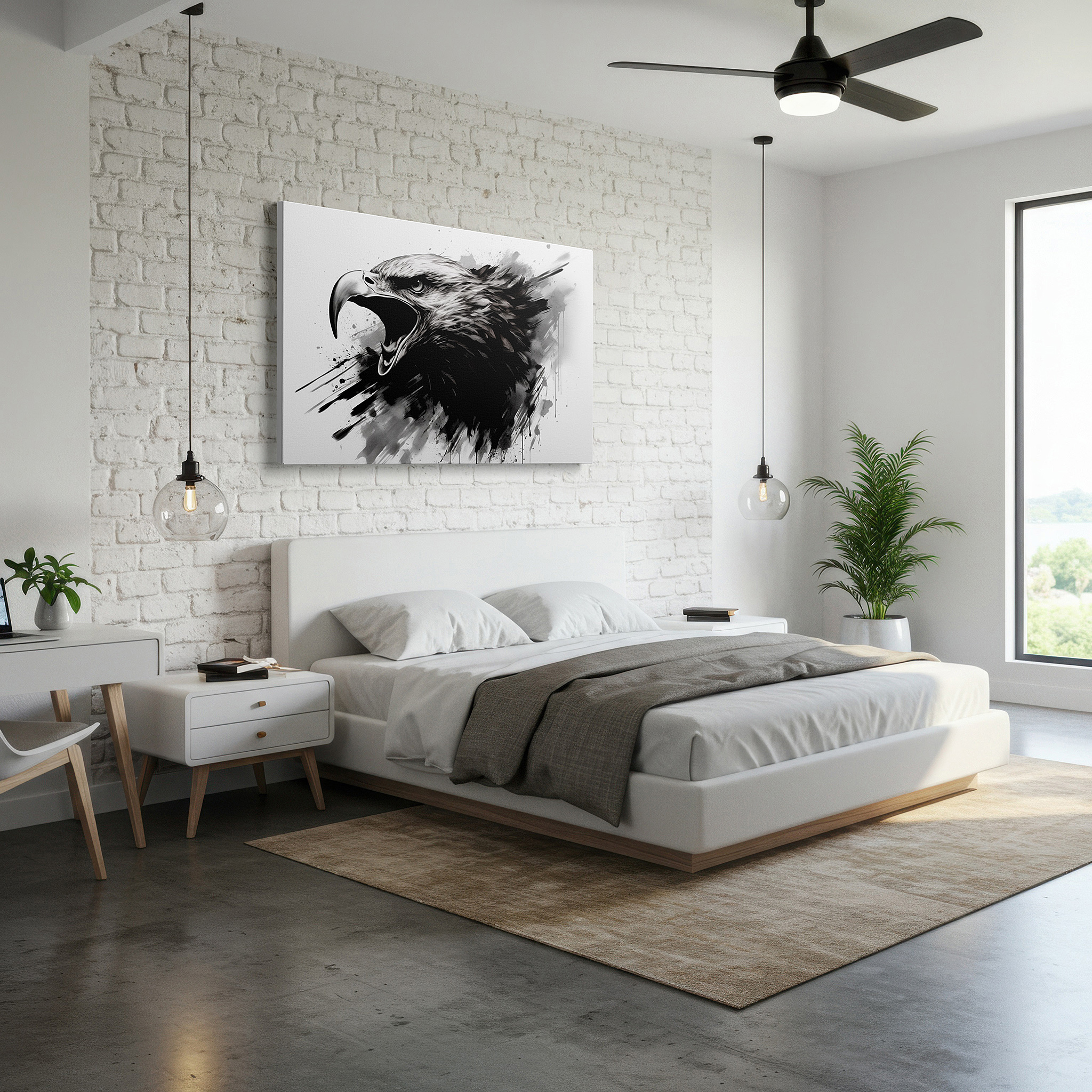 Positioned above a console table between ceramic vases — black and white roaring eagle canvas, symbolizing freedom and strength, ideal for office and bedroom wall decor