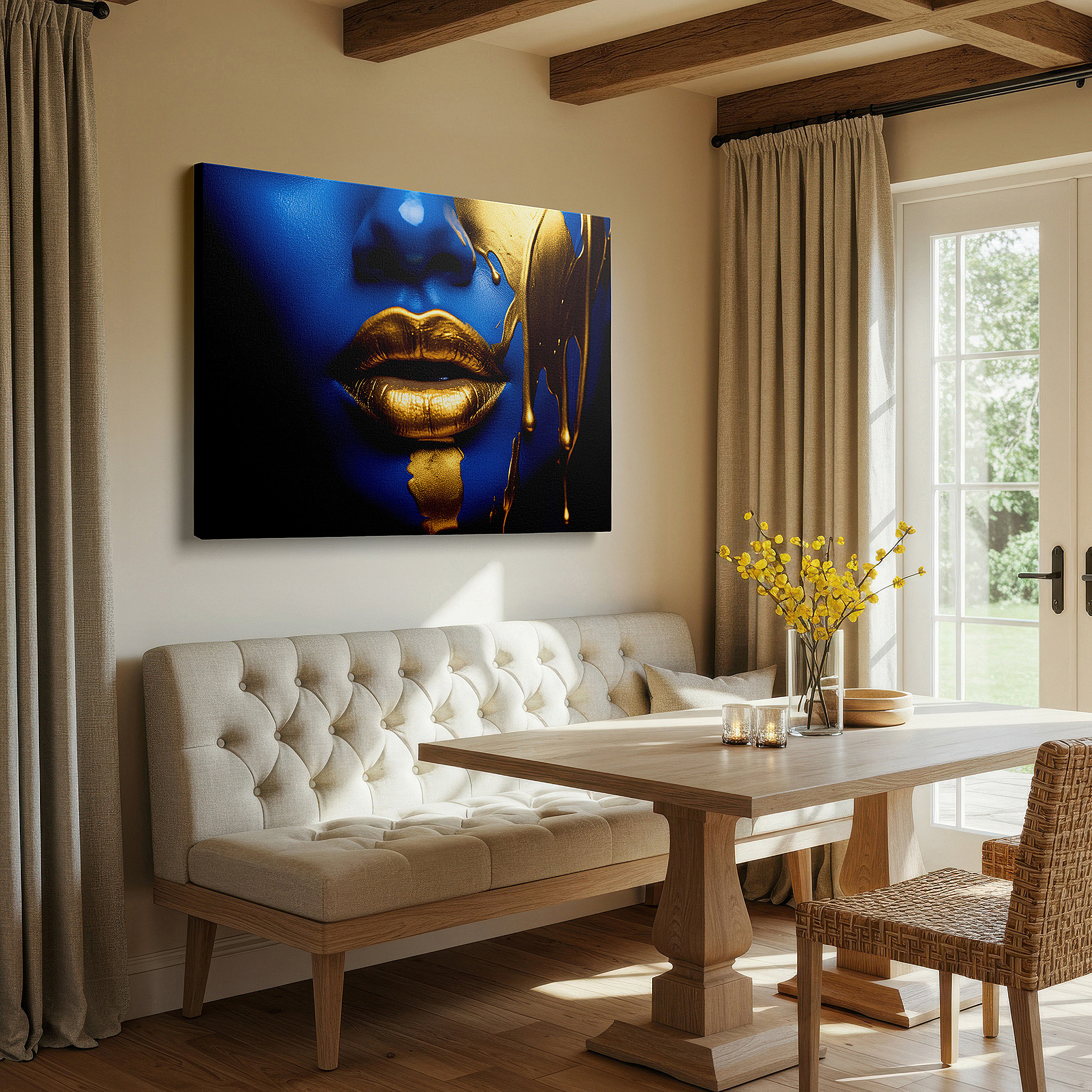 Positioned above a console table between ceramic vases — blue depths and golden flows: exploring identity and introspection - large wall art, canvas wall art, wall decor for office and bedroom