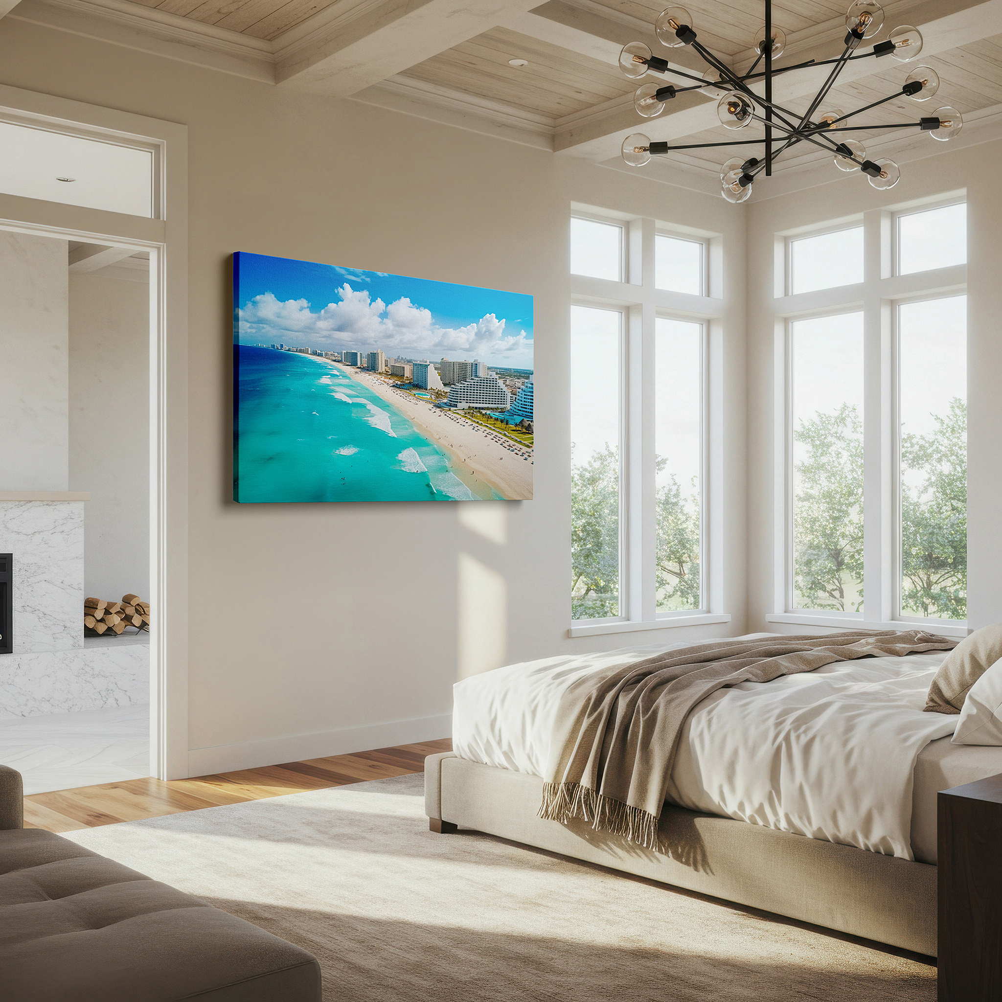 Positioned above a console table between ceramic vases — cancun's aerial splendor: beach paradise with lush resorts and turquoise waters - large canvas wall art for office decor