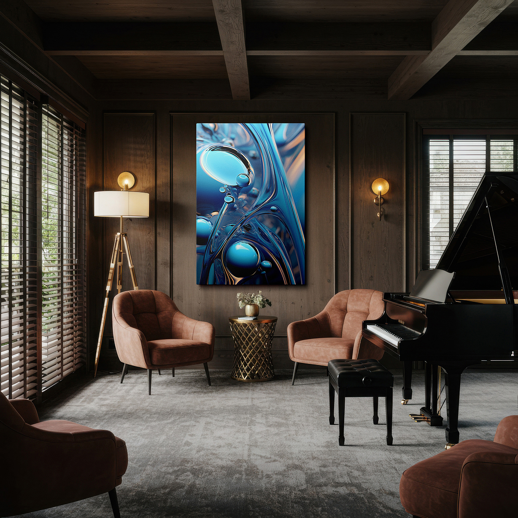 Positioned above a console table between ceramic vases — captivating blue fluid movement, a ballet of depth and light, oversized wall art, canvas wall art, wall decor, office wall art, bedroom wall art, living room wall art