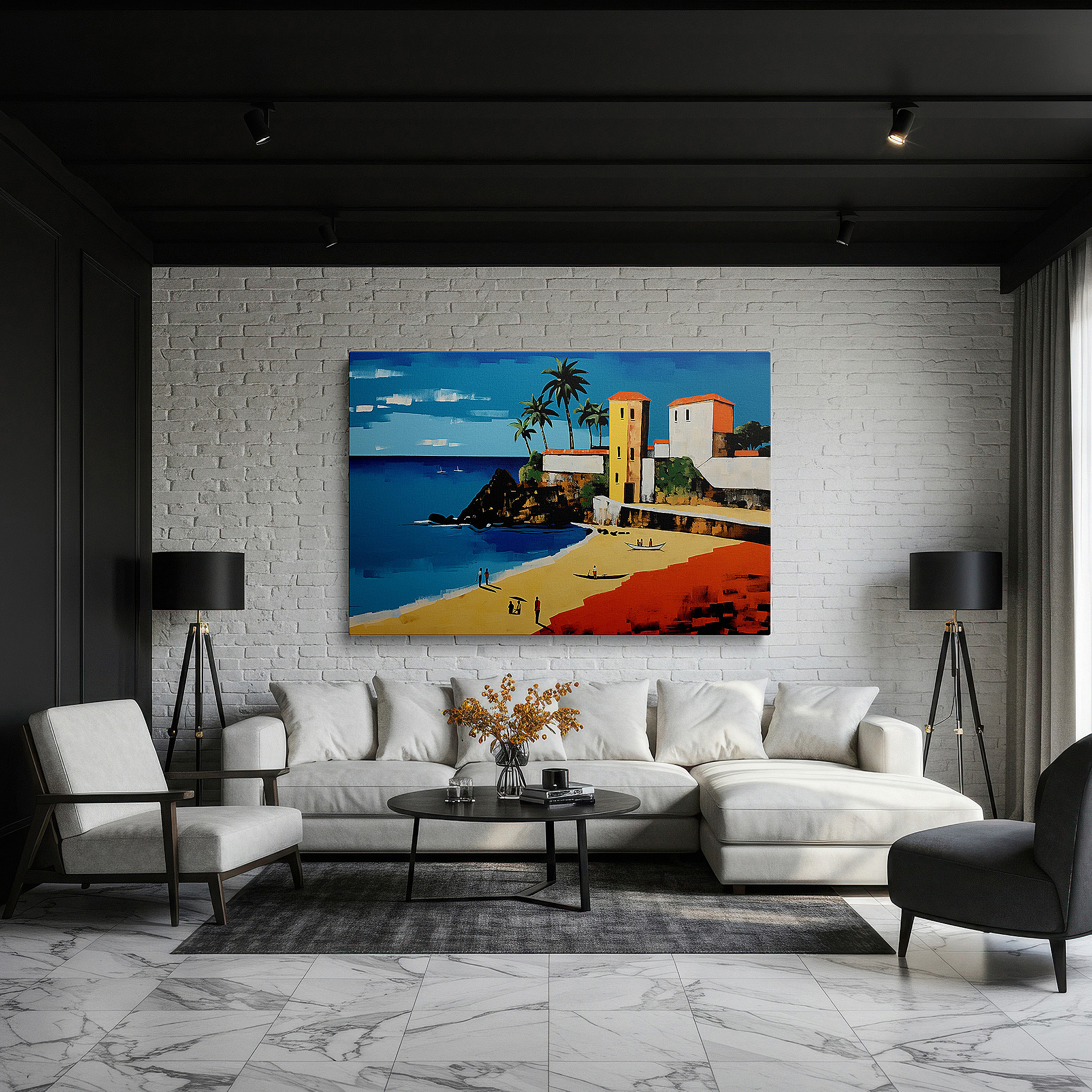 Positioned above a console table between ceramic vases — coastal elegance expressed through bright colors and playful designs, vibrant beachside escape large wall art, canvas wall art, wall decor, office